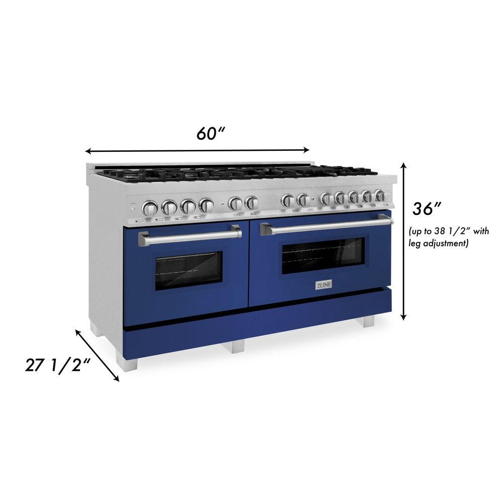 ZLINE 60" 7.4 cu. ft. Dual Fuel Range with Gas Stove and Electric Oven in Fingerprint Resistant Stainless Steel and Blue Matte Doors (RAS-BM-60)