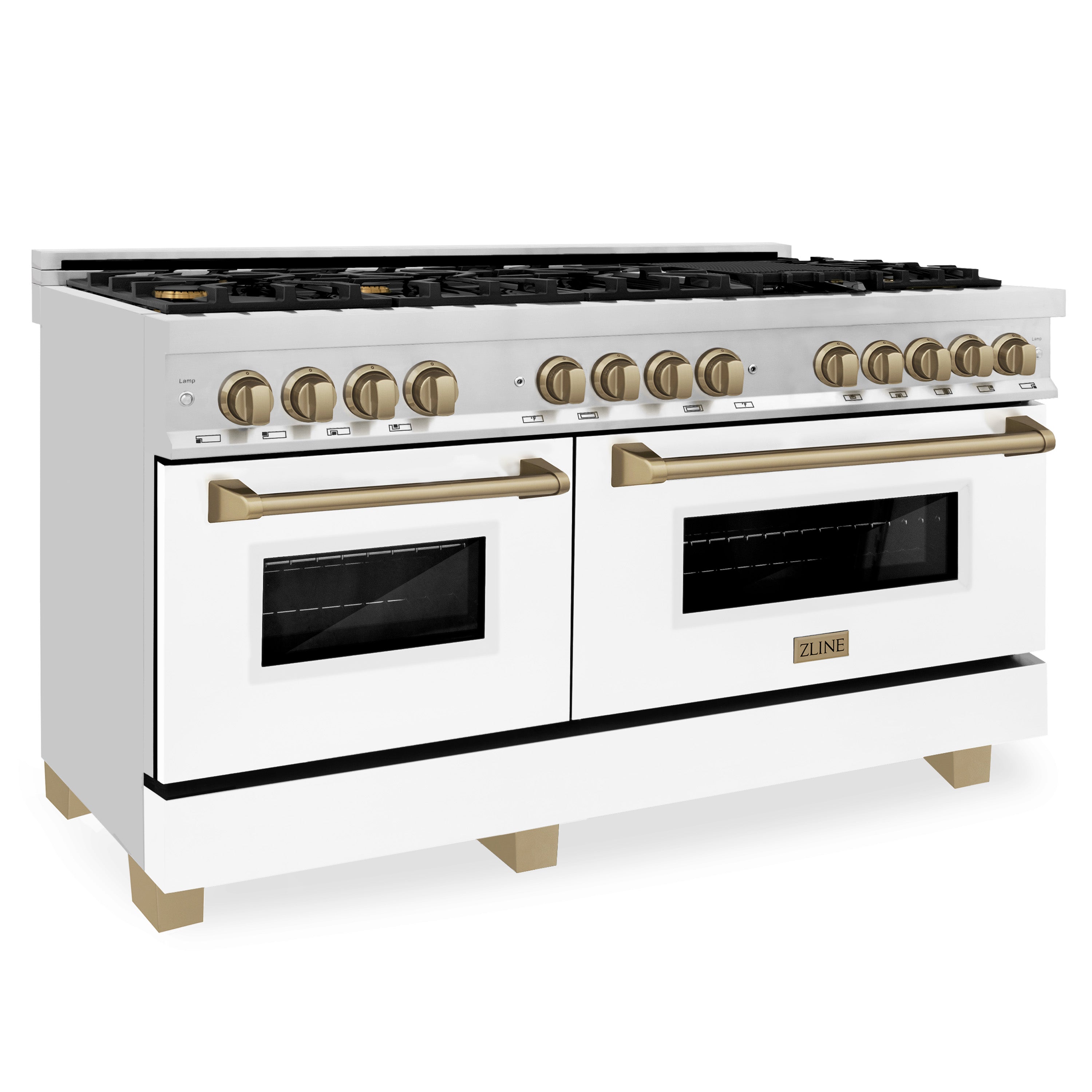 ZLINE Autograph Edition 60" 7.4 cu. ft. Dual Fuel Range with Gas Stove and Electric Oven in Stainless Steel with White Matte Door and Champagne Bronze Accents (RAZ-WM-60-CB)