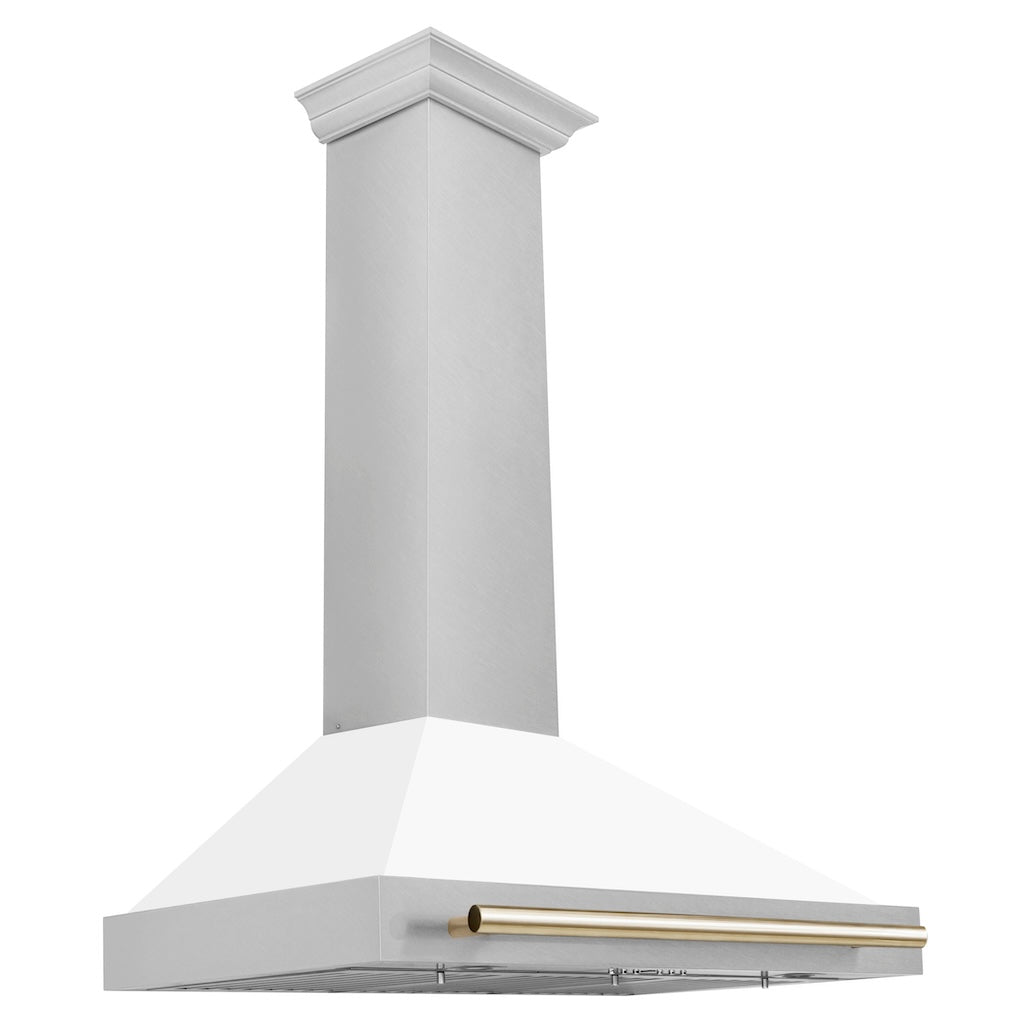 ZLINE 36 in. Autograph Edition Convertible Fingerprint Resistant DuraSnow Stainless Steel Range Hood with White Matte Shell and Polished Polished Gold Handle (KB4SNZ-WM36-G)