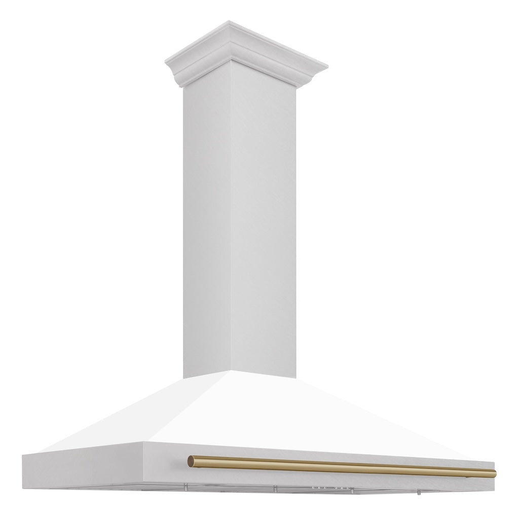 ZLINE 48 in. Autograph Edition Convertible Fingerprint Resistant DuraSnow Stainless Steel Range Hood with White Matte Shell and Champagne Bronze Handle (KB4SNZ-WM48-CB)