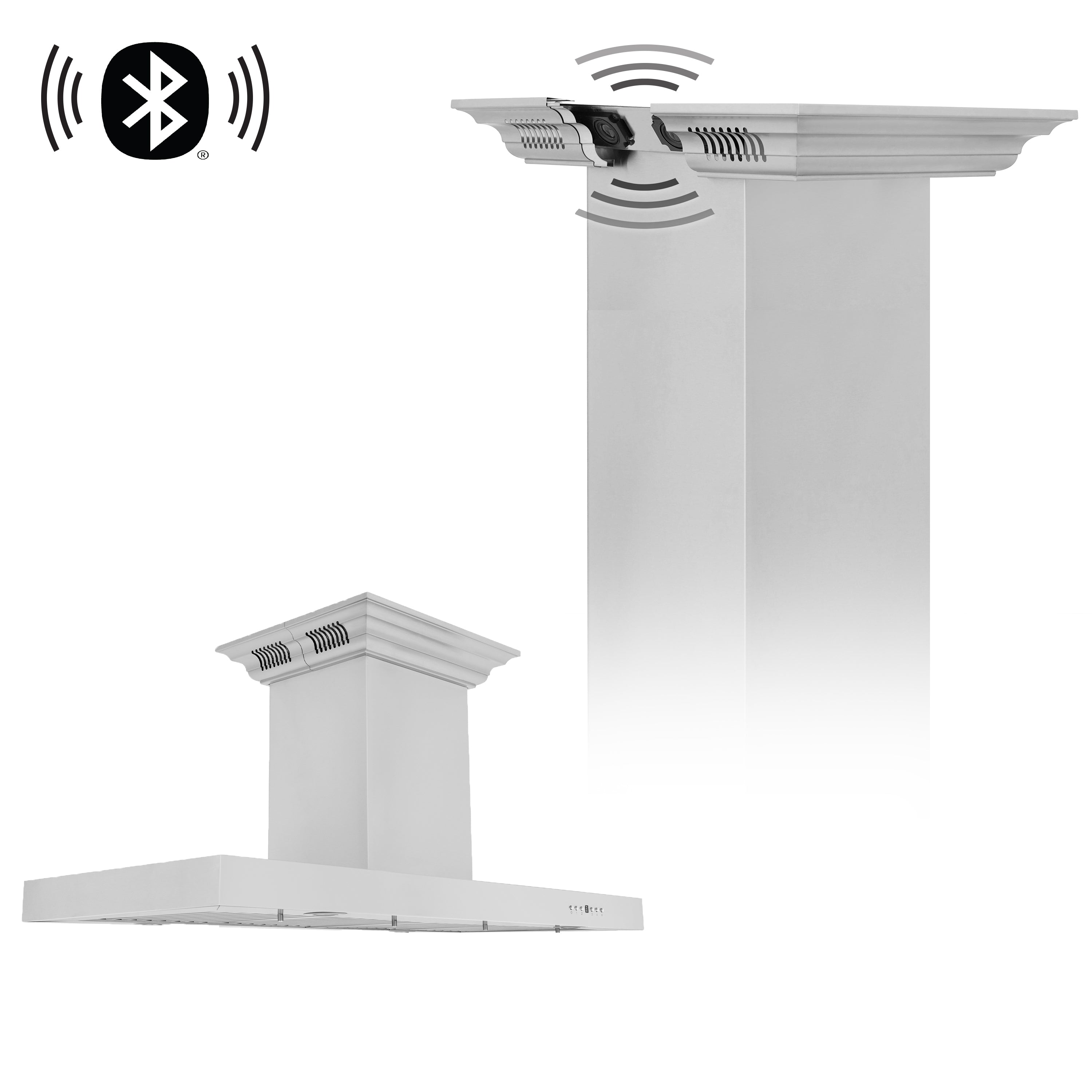 42" ZLINE CrownSound® Ducted Vent Island Mount Range Hood in Stainless Steel with Built-in Bluetooth Speakers (KE2iCRN-BT-42)