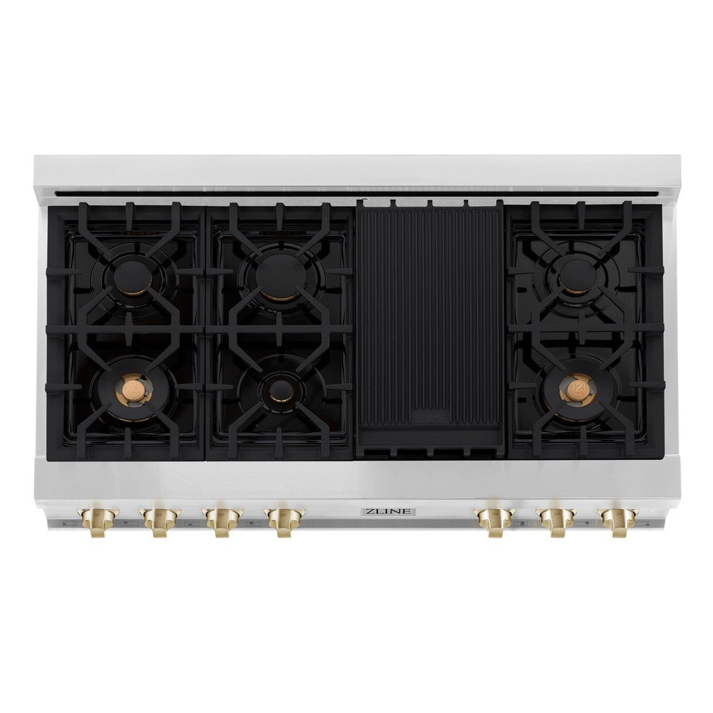 ZLINE Autograph Edition 48" Porcelain Rangetop with 7 Gas Burners in Stainless Steel and Polished Gold Accents (RTZ-48-G)