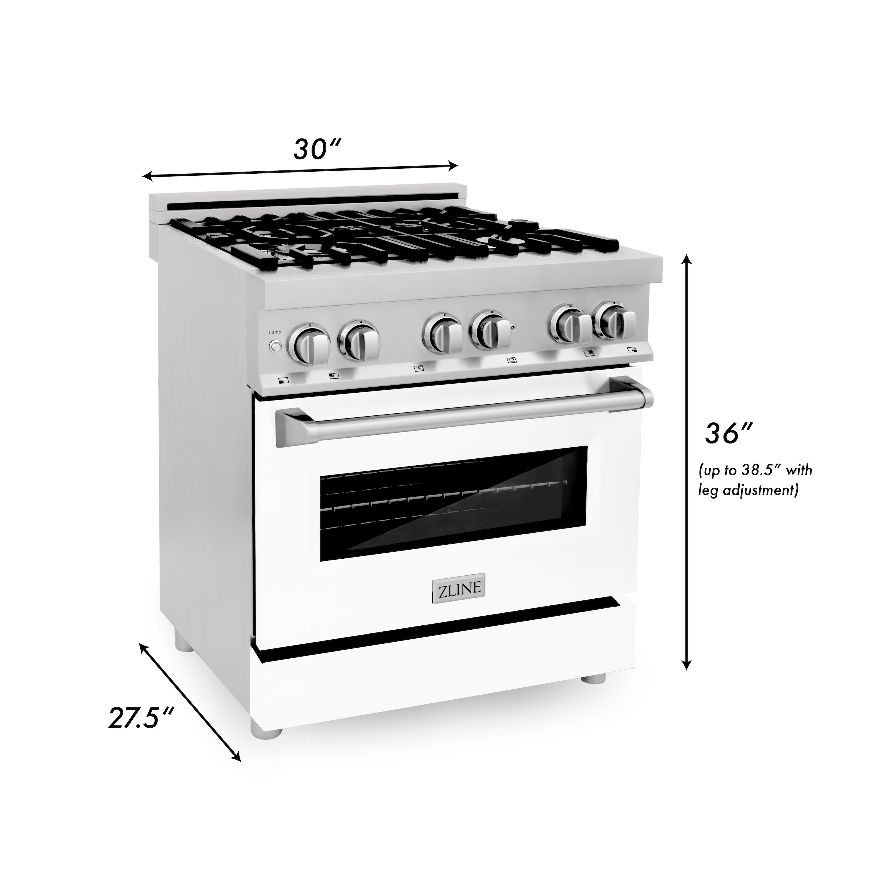 ZLINE 30" 4.0 cu. ft. Electric Oven and Gas Cooktop Dual Fuel Range with Griddle and White Matte Door in Stainless Steel (RA-WM-GR-30)