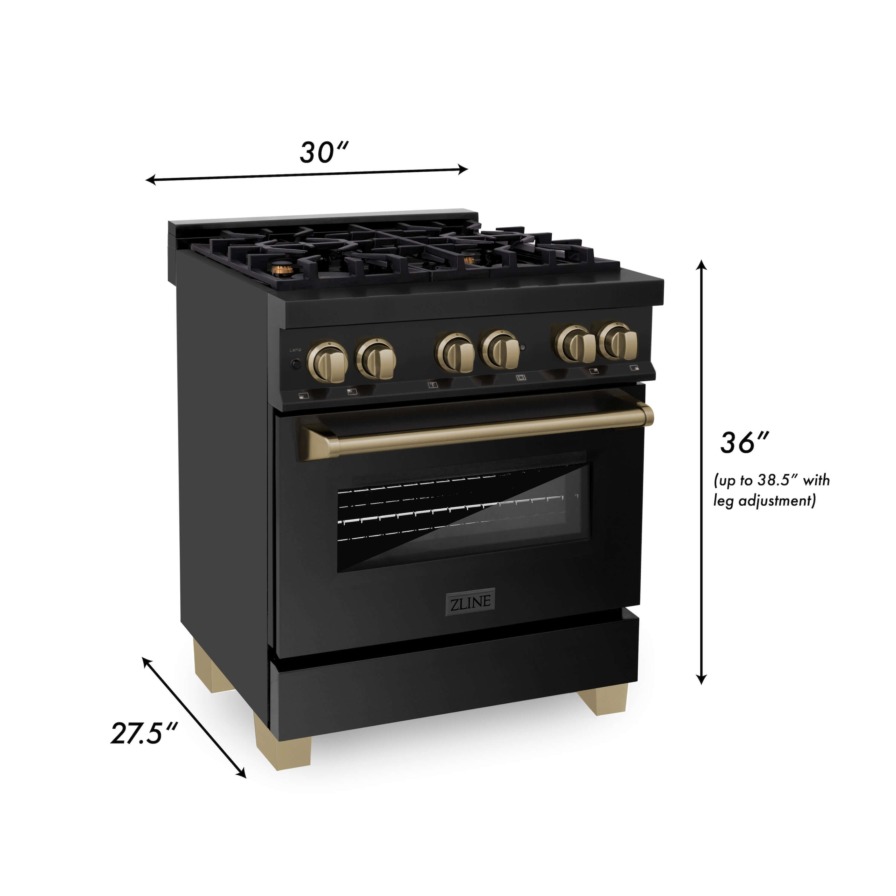 ZLINE 30" Autograph Edition Kitchen Package with Black Stainless Steel Dual Fuel Range, Range Hood, Dishwasher and Refrigeration with Champagne Bronze Accents (4AKPR-RABRHDWV30-CB)