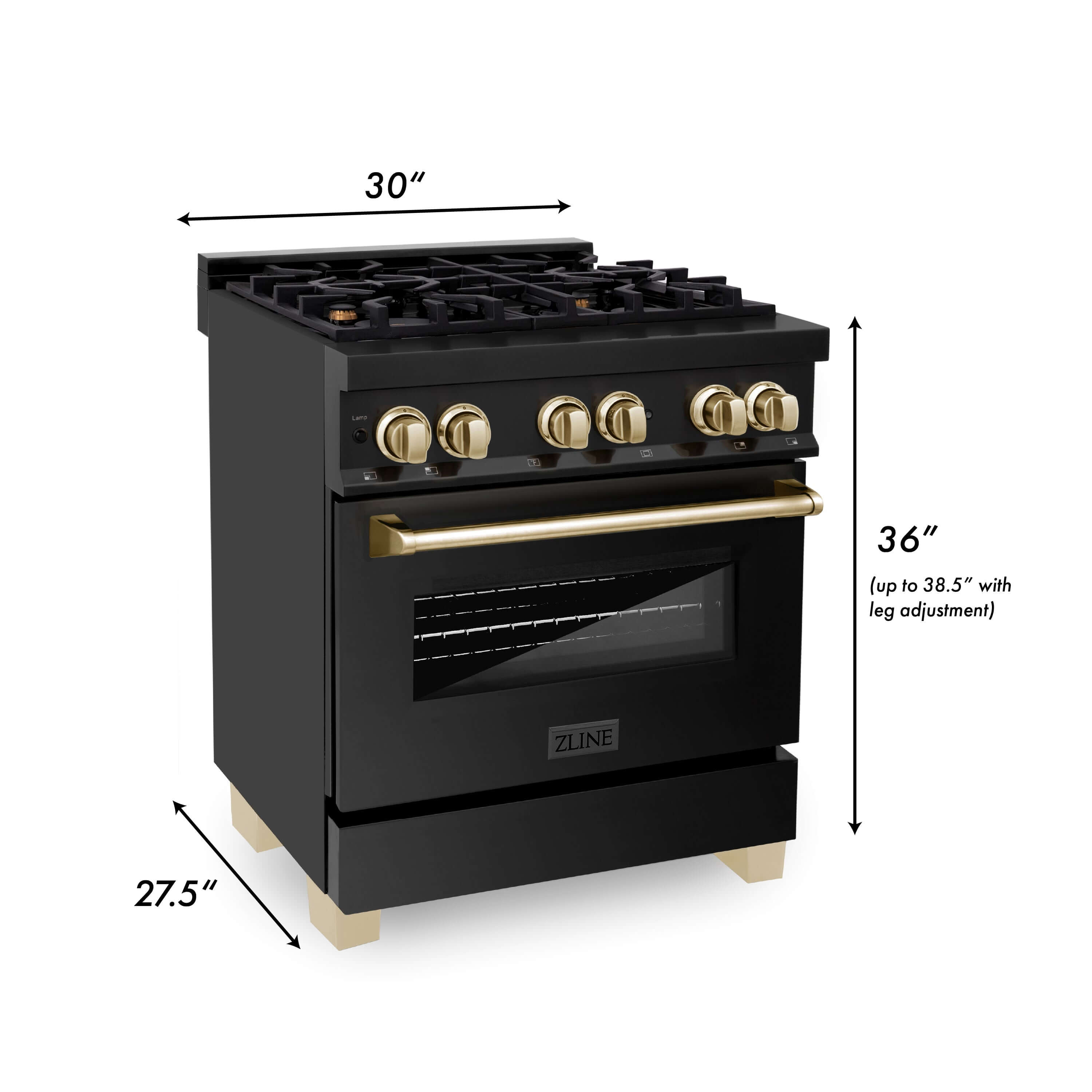 ZLINE 30" Autograph Edition Kitchen Package with Black Stainless Steel Dual Fuel Range, Range Hood, Dishwasher and Refrigeration with Gold Accents (4AKPR-RABRHDWV30-G)