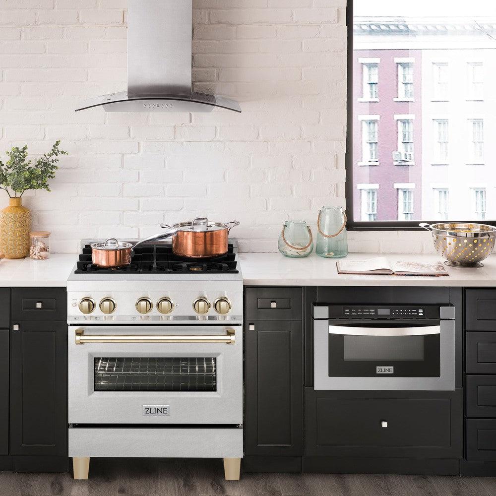 ZLINE Autograph Edition 30" 4.0 cu. ft. Dual Fuel Range with Gas Stove and Electric Oven in Fingerprint Resistant Stainless Steel with Polished Gold Accents (RASZ-SN-30-G)