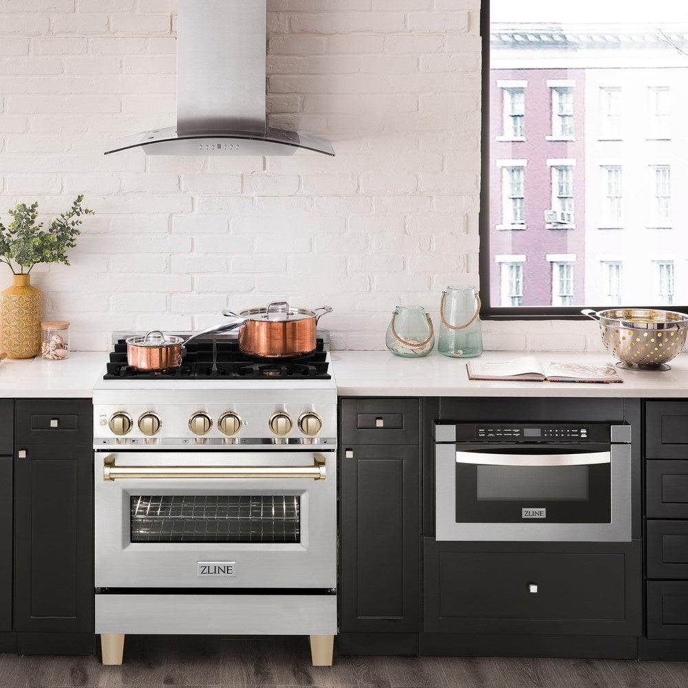 ZLINE Autograph Edition 30" 4.0 cu. ft. Dual Fuel Range with Gas Stove and Electric Oven in Stainless Steel with Polished Gold Accents (RAZ-30-G)