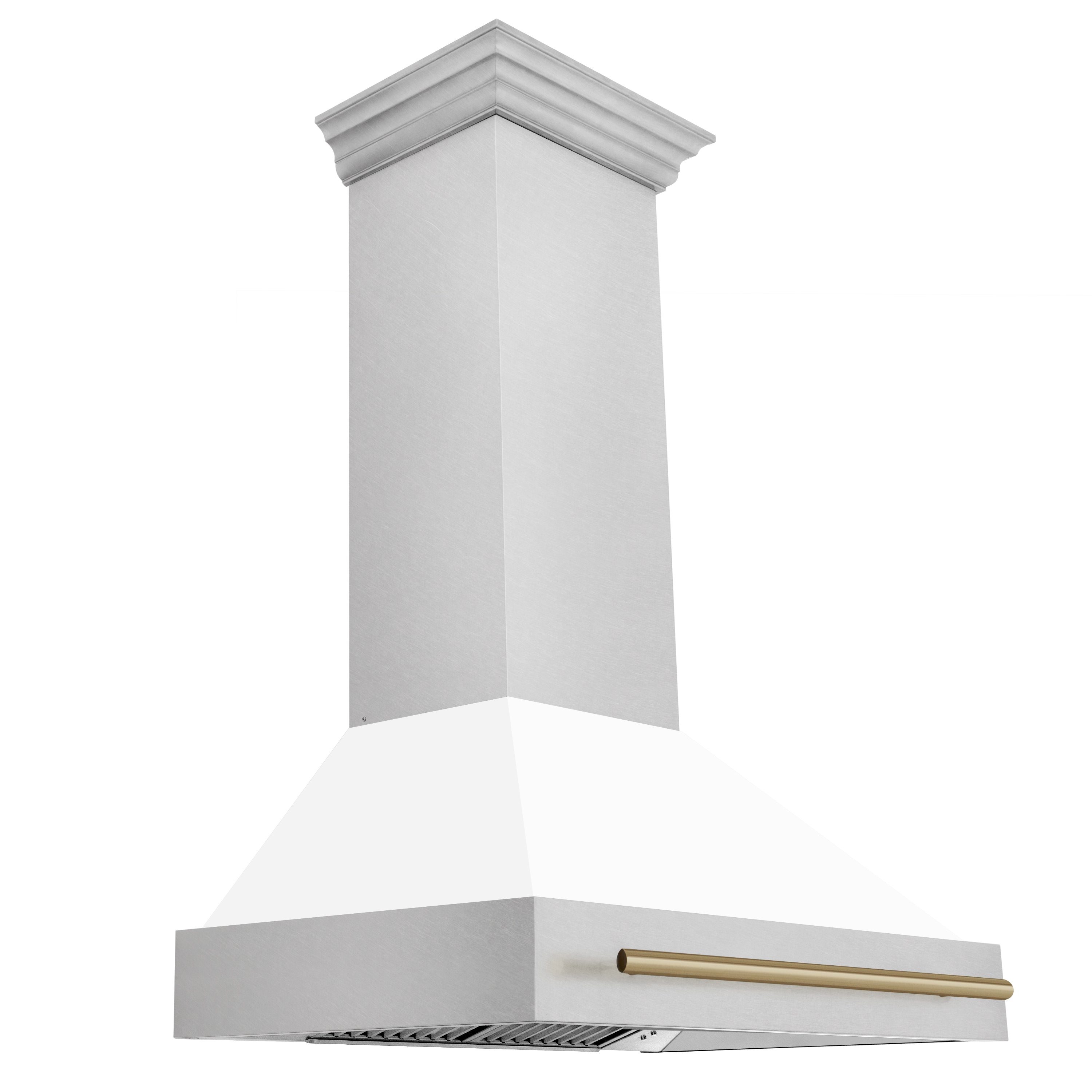 ZLINE 36" Autograph Edition Fingerprint Resistant Stainless Steel Range Hood with White Matte Shell and Champagne Bronze Handle (8654SNZ-WM36-CB)