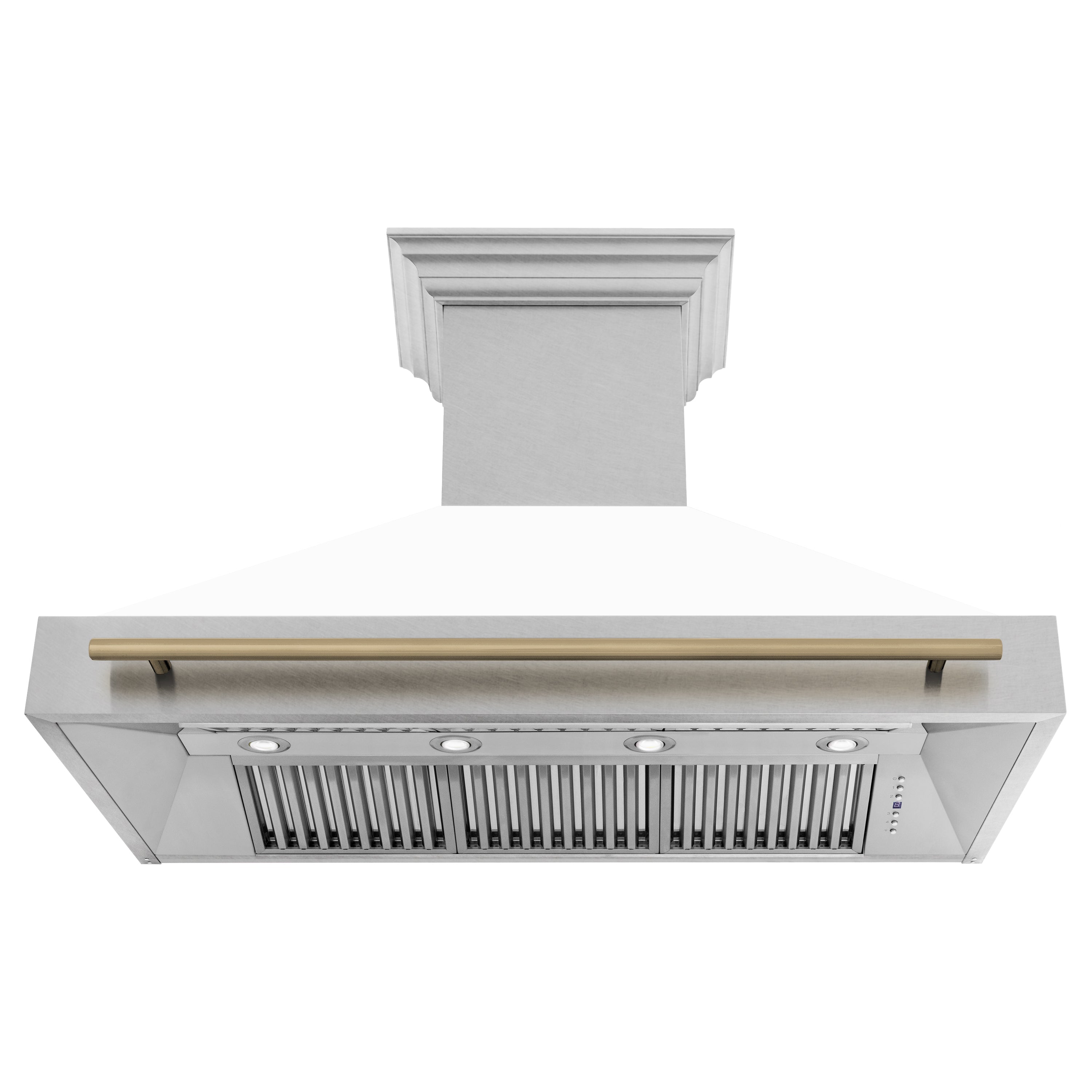 ZLINE 48" Autograph Edition Fingerprint Resistant Stainless Steel Range Hood with White Matte Shell and Champagne Bronze Handle (8654SNZ-WM48-CB)
