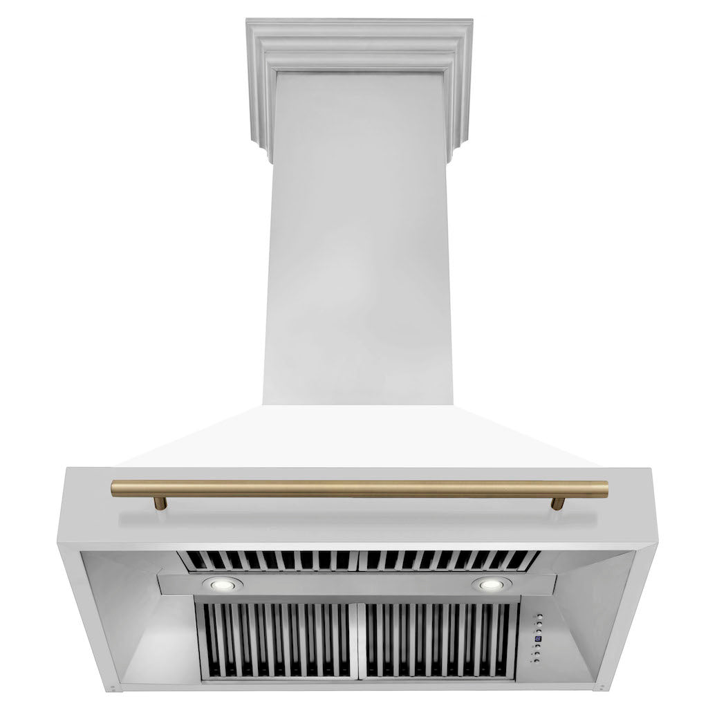 36" ZLINE Autograph Edition Stainless Steel Range Hood with White Matte Shell and Champagne Bronze Handle (8654STZ-36-CB)