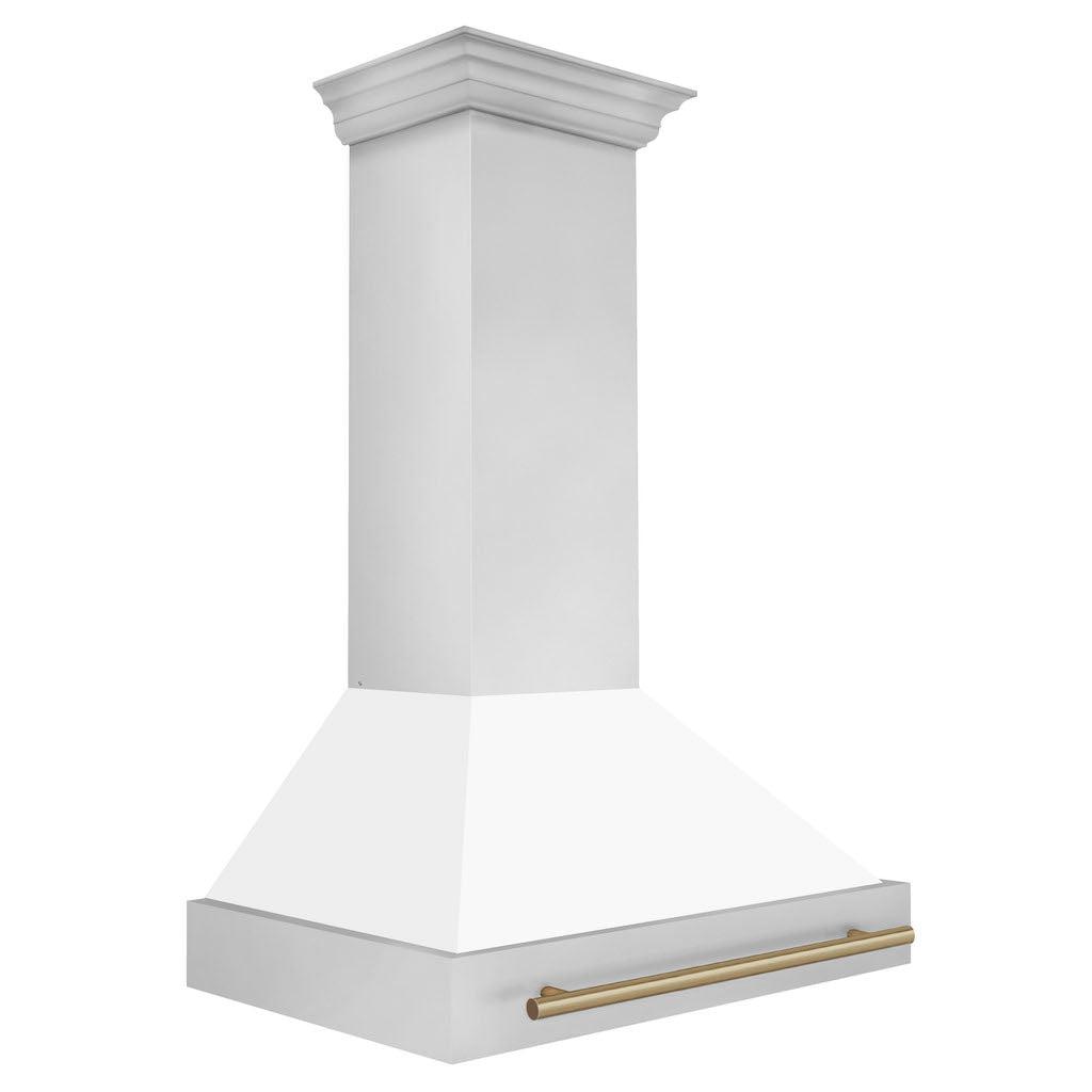 36" ZLINE Autograph Edition Stainless Steel Range Hood with White Matte Shell and Champagne Bronze Handle (8654STZ-36-CB)