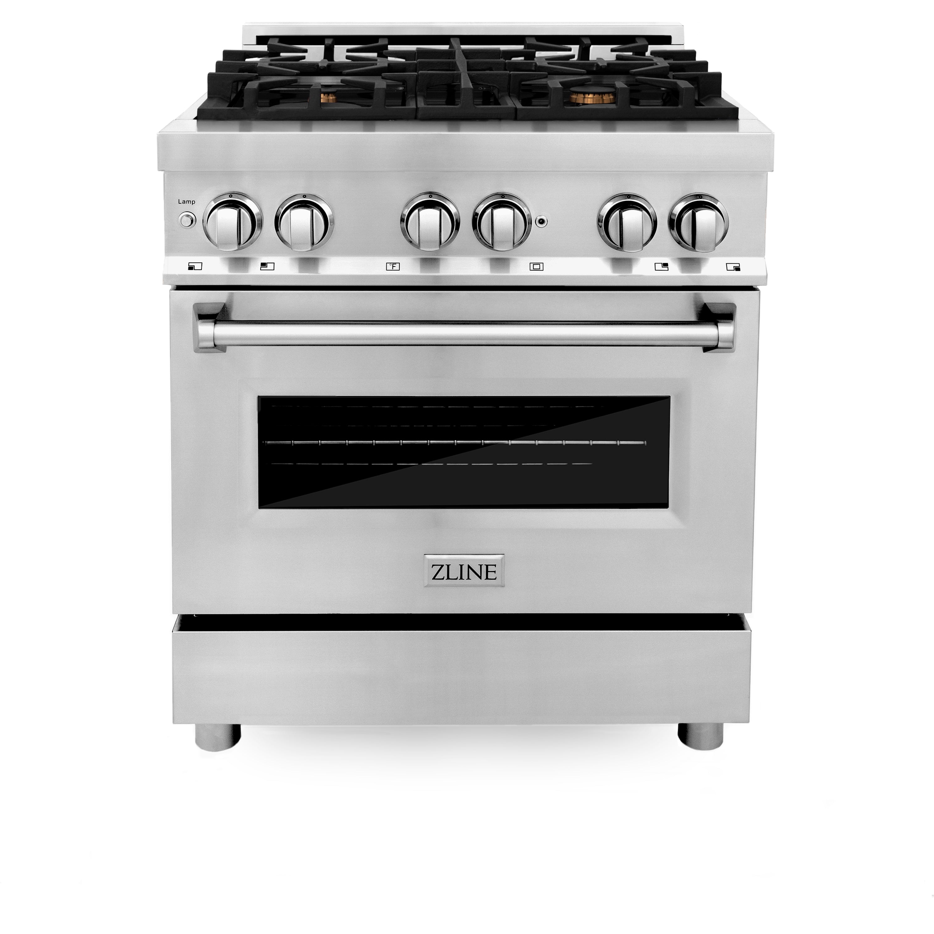 ZLINE 30" 4.0 cu. ft. Electric Oven and Gas Cooktop Dual Fuel Range with Griddle and Brass Burners in Stainless Steel (RA-BR-GR-30)