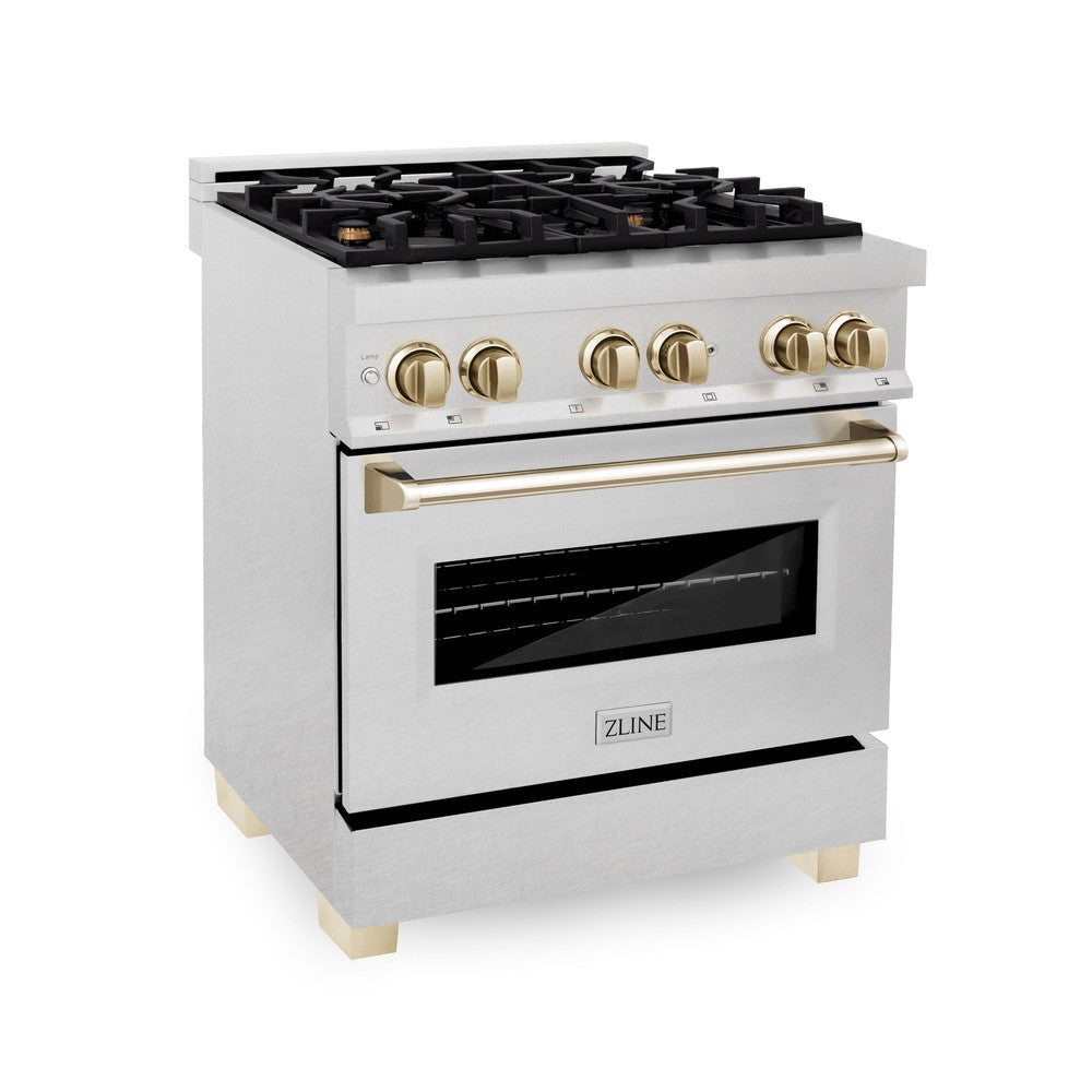 ZLINE Autograph Edition 30" 4.0 cu. ft. Dual Fuel Range with Gas Stove and Electric Oven in Fingerprint Resistant Stainless Steel with Polished Gold Accents (RASZ-SN-30-G)