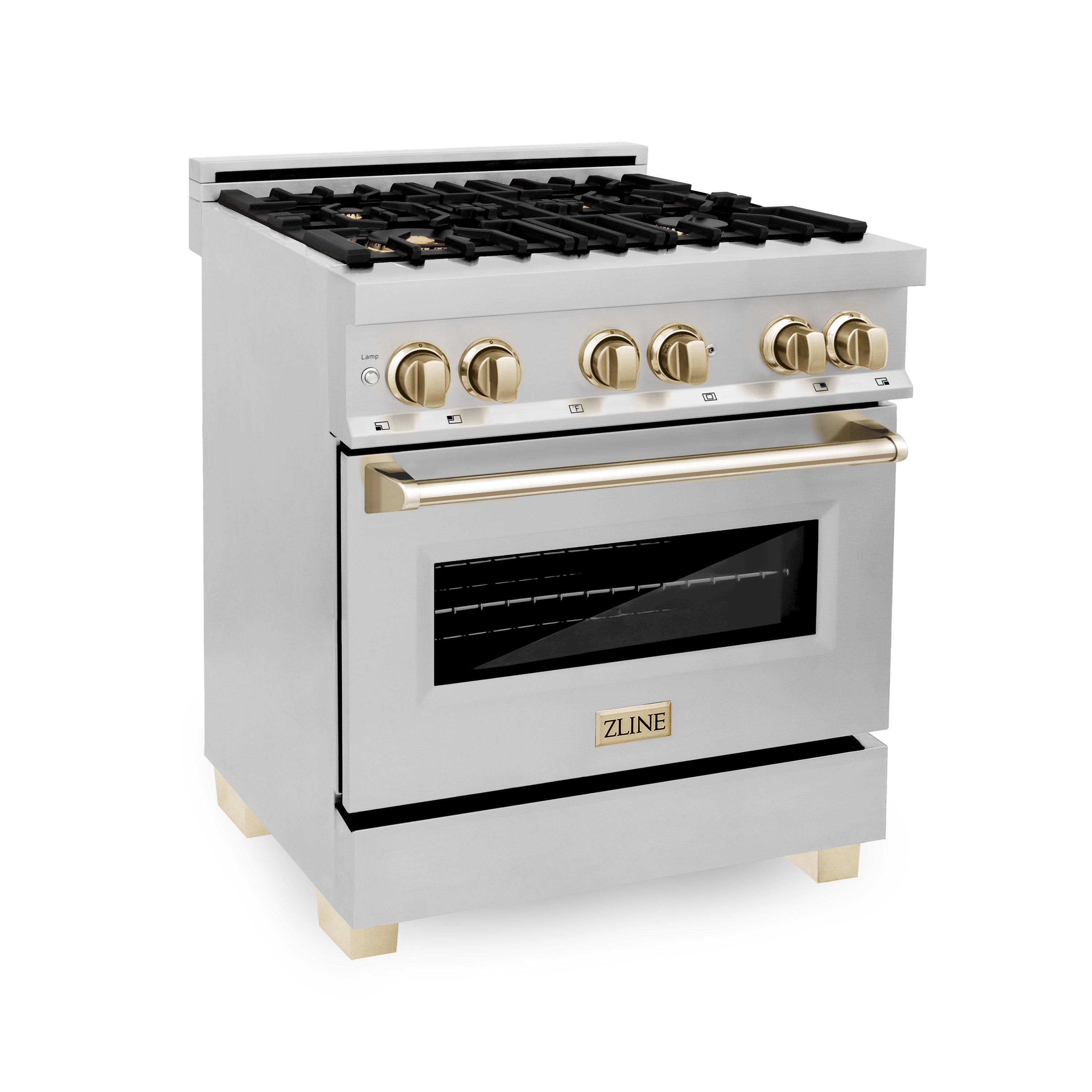ZLINE 30" Autograph Edition Kitchen Package with Stainless Steel Dual Fuel Range, Range Hood, Dishwasher and Refrigeration with Gold Accents (4KAPR-RARHDWM30-G)
