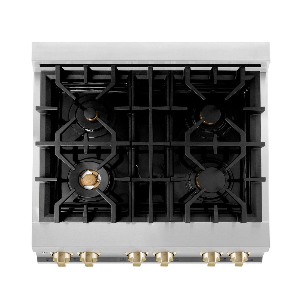 ZLINE Autograph Edition 30" 4.0 cu. ft. Dual Fuel Range with Gas Stove and Electric Oven in Stainless Steel with Polished Gold Accents (RAZ-30-G)