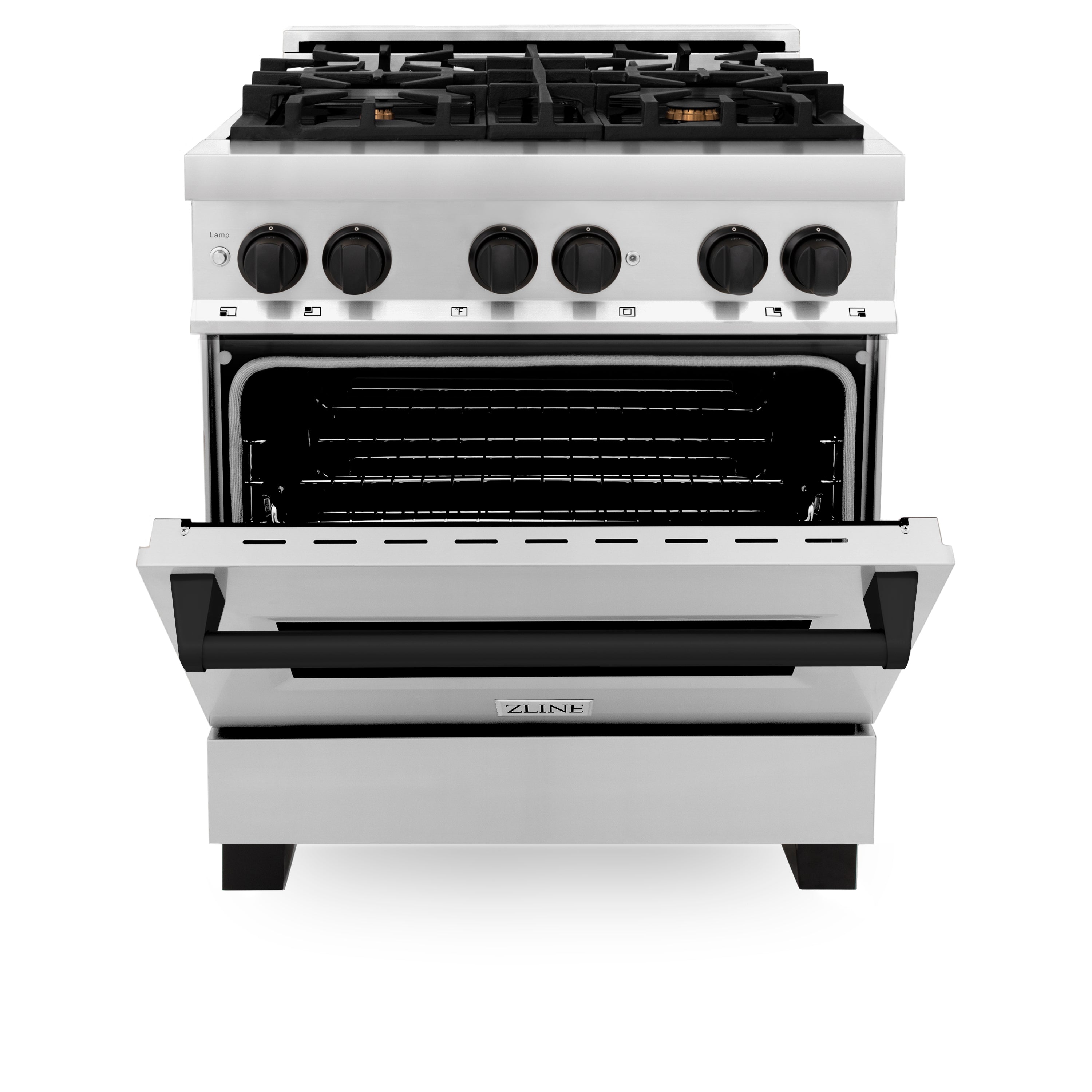 ZLINE Autograph Edition 30" 4.0 cu. ft. Dual Fuel Range with Gas Stove and Electric Oven in Stainless Steel with Accents (RAZ-30-MB)