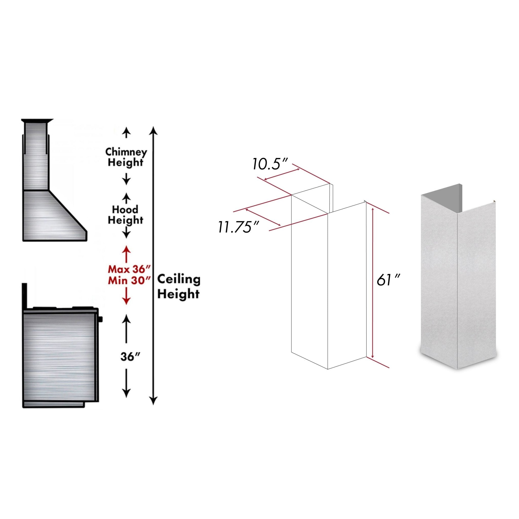 ZLINE 61" Fingerprint Resistant Stainless Steel Chimney Extension for Ceilings up to 12.5 ft. (8KN4S-E)