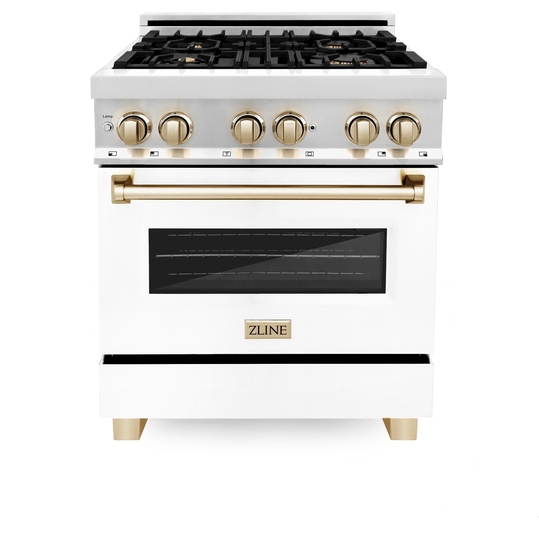 ZLINE Autograph Edition 30" 4.0 cu. ft. Dual Fuel Range with Gas Stove and Electric Oven in Stainless Steel with White Matte Door and Polished Gold Accents (RAZ-WM-30-G)