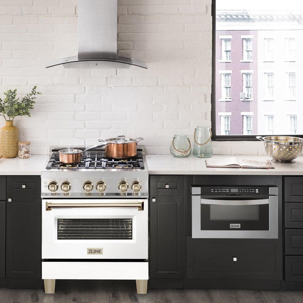ZLINE Autograph Edition 30" 4.0 cu. ft. Dual Fuel Range with Gas Stove and Electric Oven in Stainless Steel with White Matte Door and Polished Gold Accents (RAZ-WM-30-G)