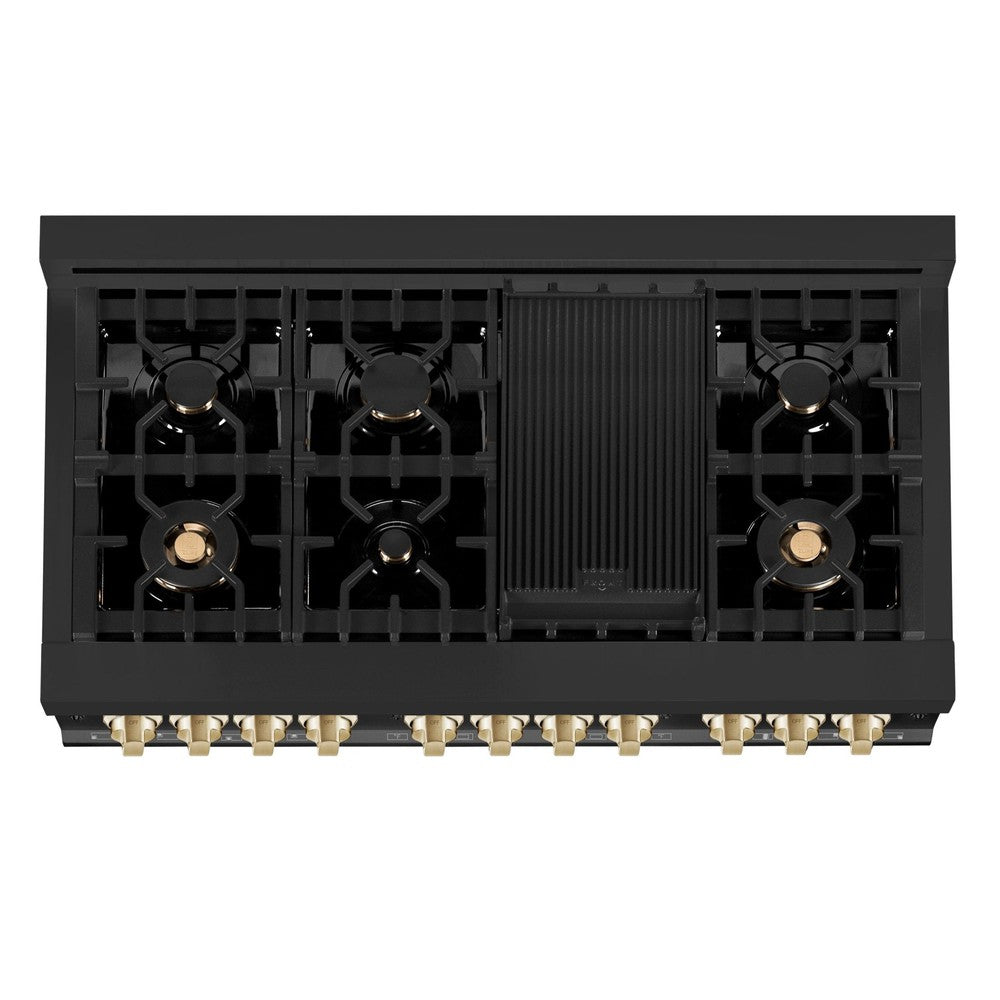ZLINE Autograph Edition 48" 6.0 cu. ft. Dual Fuel Range with Gas Stove and Electric Oven in Black Stainless Steel with Polished Gold Accents (RABZ-48-G)