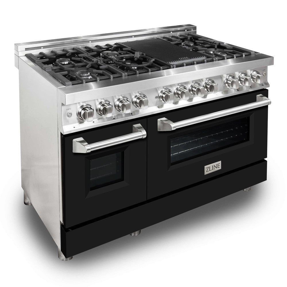 ZLINE 48" 6.0 cu. ft. Dual Fuel Range with Gas Stove and Electric Oven in Stainless Steel and Black Matte Door (RA-BLM-48)