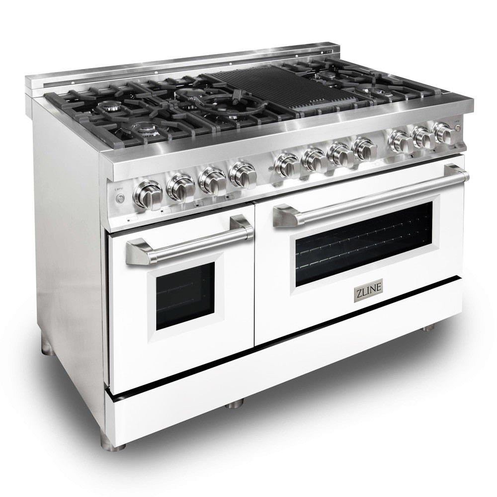 ZLINE 48" 6.0 cu. ft. Dual Fuel Range with Gas Stove and Electric Oven in Stainless Steel and White Matte Door (RA-WM-48)