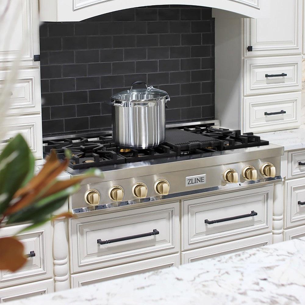 ZLINE Autograph Edition 48" Porcelain Rangetop with 7 Gas Burners in Stainless Steel and Polished Gold Accents (RTZ-48-G)