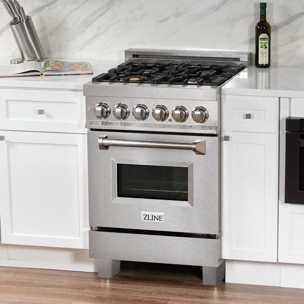 ZLINE 24" 2.8 cu. ft. Dual Fuel Range with Gas Stove and Electric Oven in Fingerprint Resistant Stainless Steel and Brass Burners (RAS-SN-BR-24)