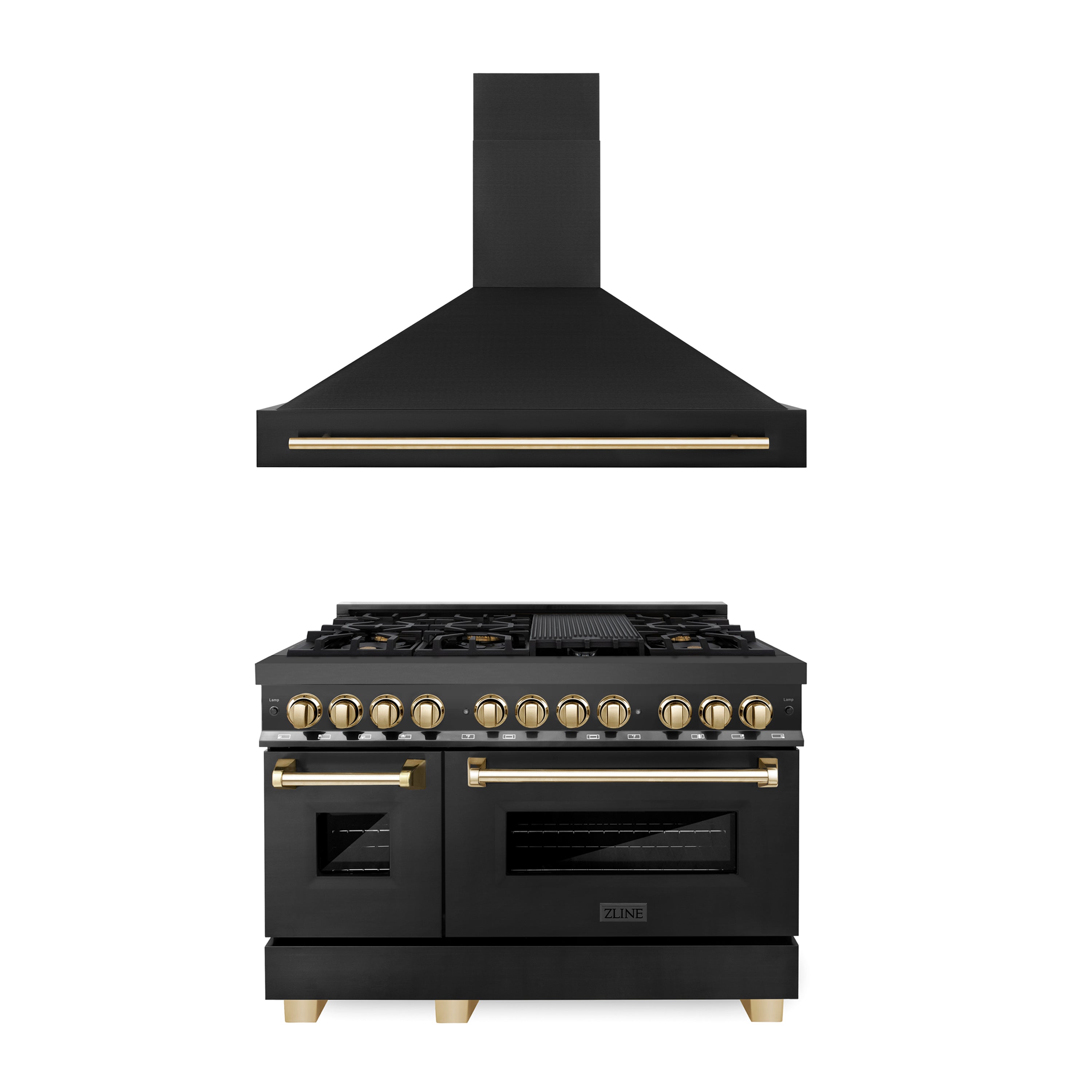 ZLINE 48" Autograph Edition Kitchen Package with Black Stainless Steel Dual Fuel Range and Range Hood with Gold Accents (2AKP-RABRH48-G)