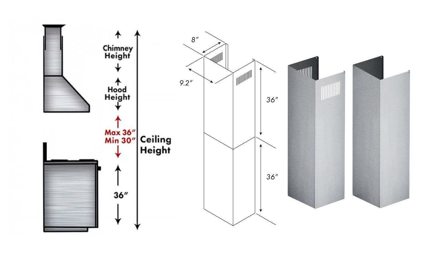 ZLINE Kitchen and Bath, ZLINE 2-36" Chimney Extensions for 10 ft. to 12 ft. Ceilings (2PCEXT-KB/KL2/KL3-304), 2PCEXT-KB/KL2/KL3-304,
