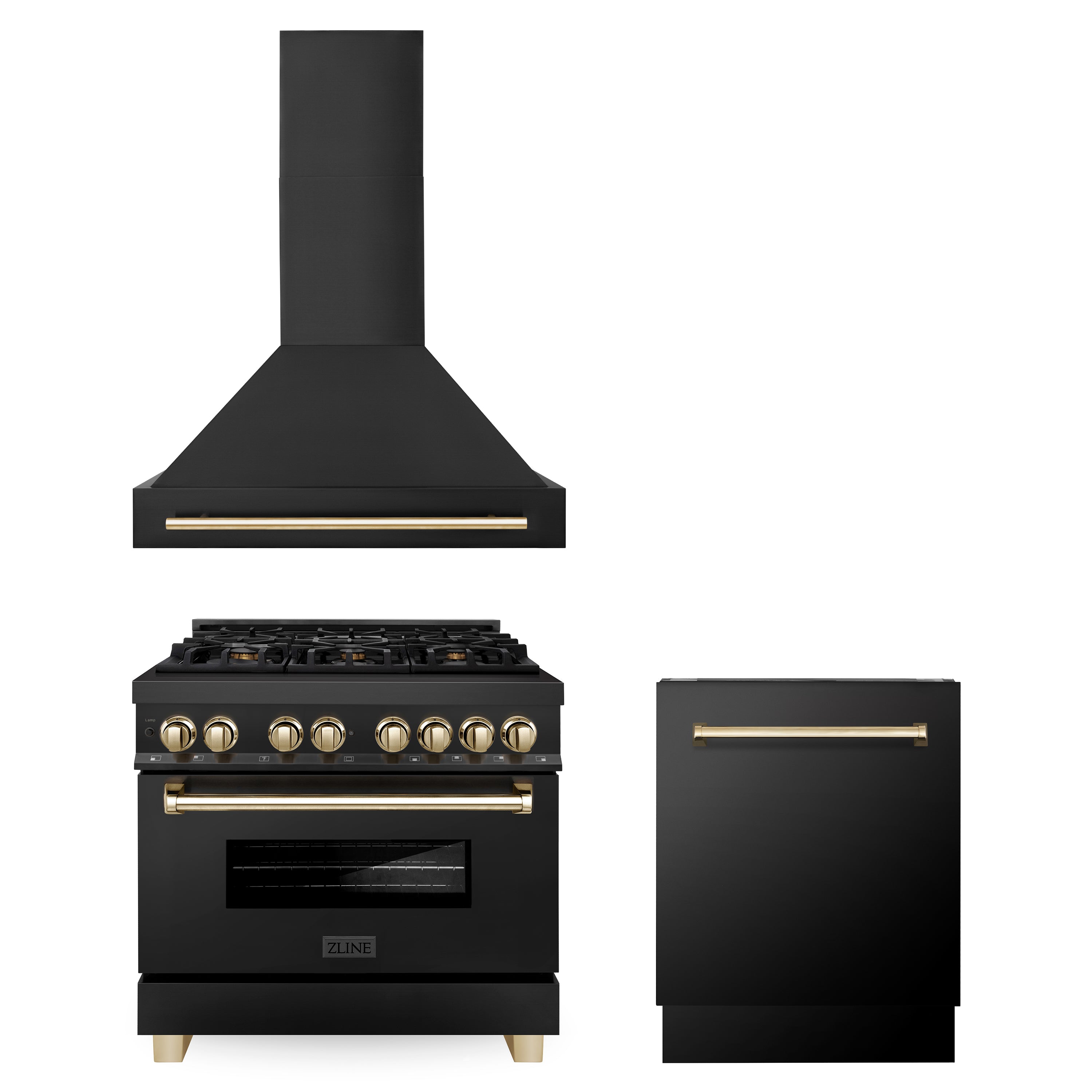 ZLINE 36" Autograph Edition Kitchen Package with Black Stainless Steel Dual Fuel Range, Range Hood and Dishwasher with Gold Accents (3AKP-RABRHDWV36-G)