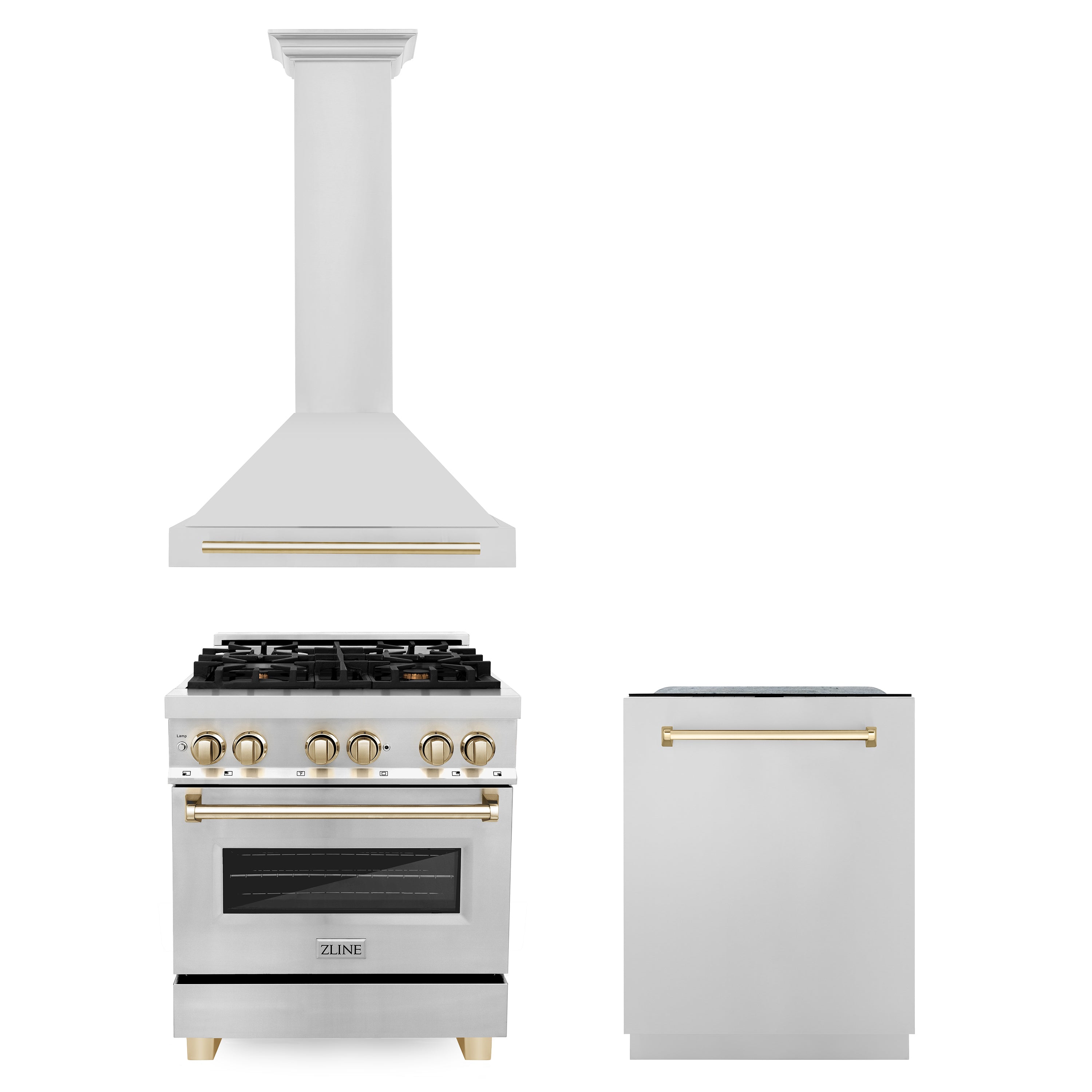 ZLINE 30" Autograph Edition Kitchen Package with Stainless Steel Dual Fuel Range, Range Hood and Dishwasher with Gold Accents (3AKP-RARHDWM30-G)