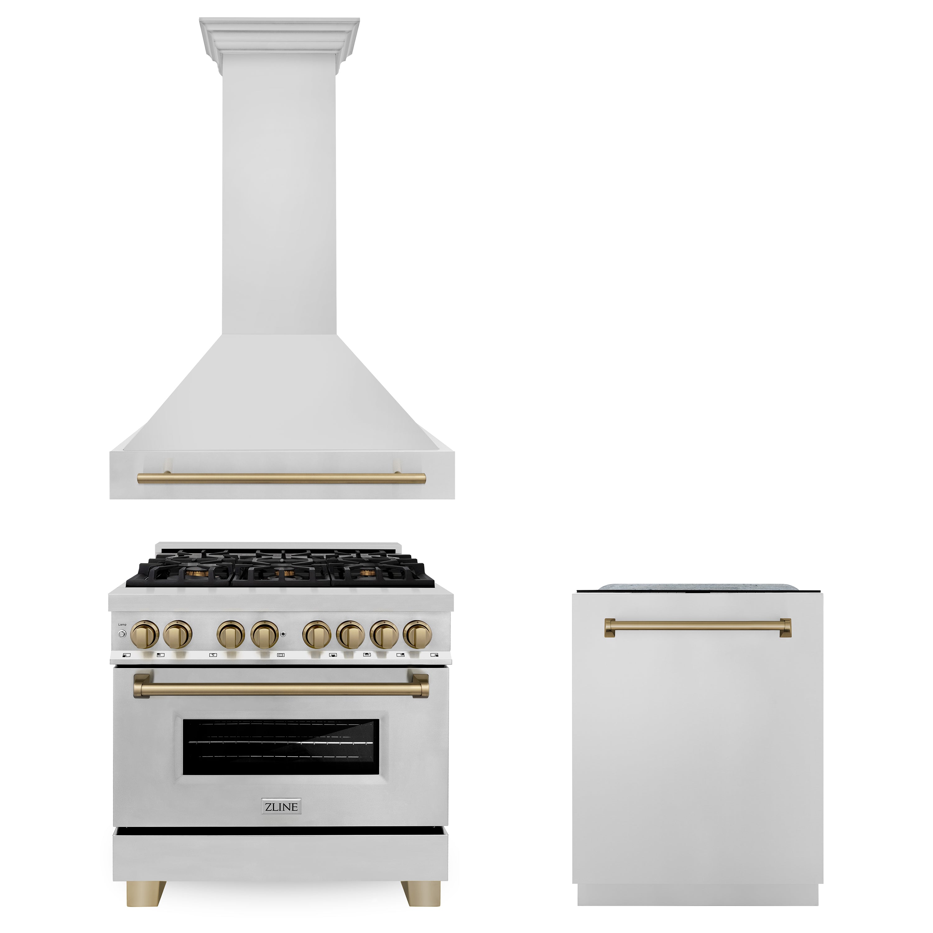 ZLINE 36" Autograph Edition Kitchen Package with Stainless Steel Dual Fuel Range, Range Hood and Dishwasher with Champagne Bronze Accents (3AKP-RARHDWM36-CB)