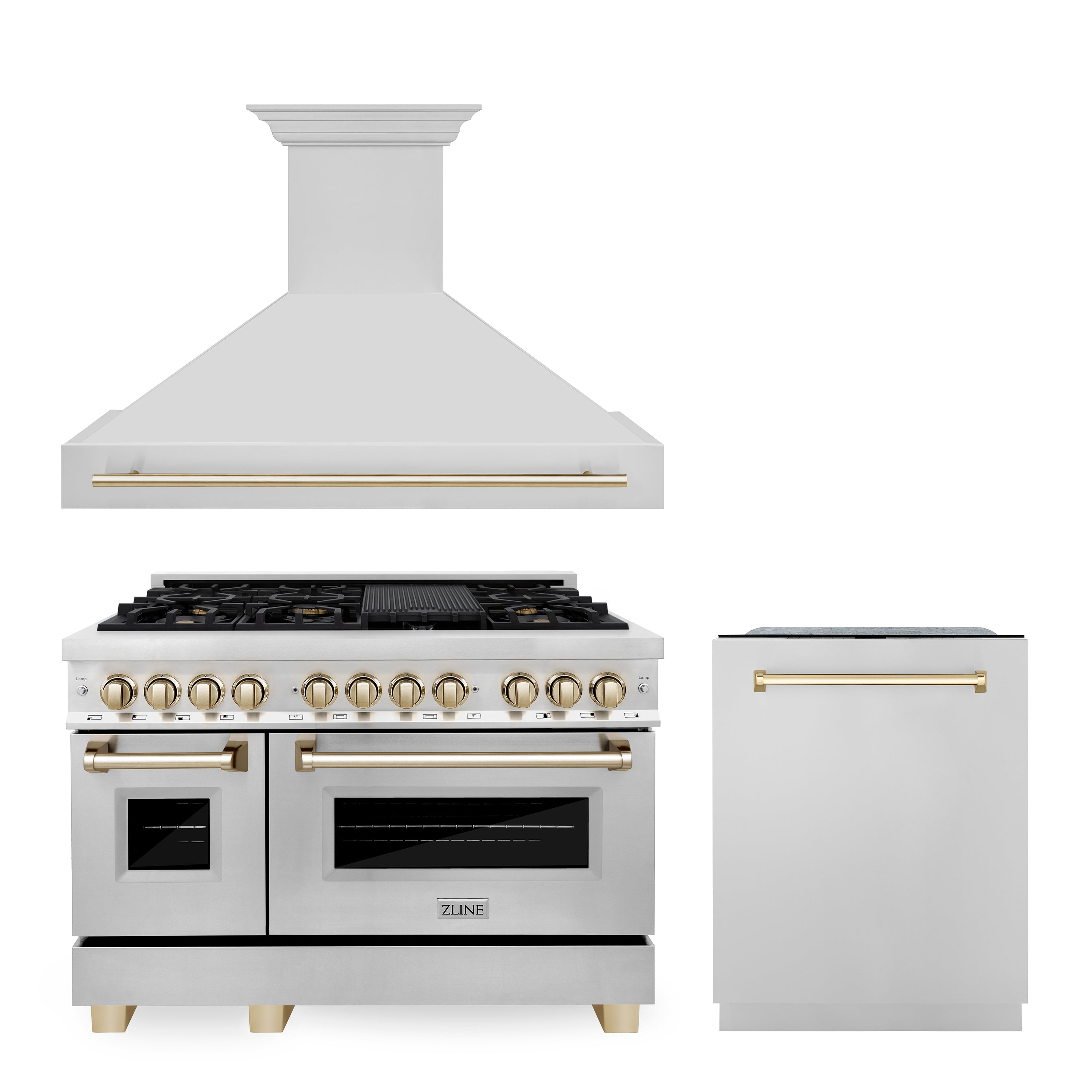 ZLINE 48" Autograph Edition Kitchen Package with Stainless Steel Dual Fuel Range, Range Hood and Dishwasher with Champagne Bronze Accents (3AKP-RARHDWM48-CB)