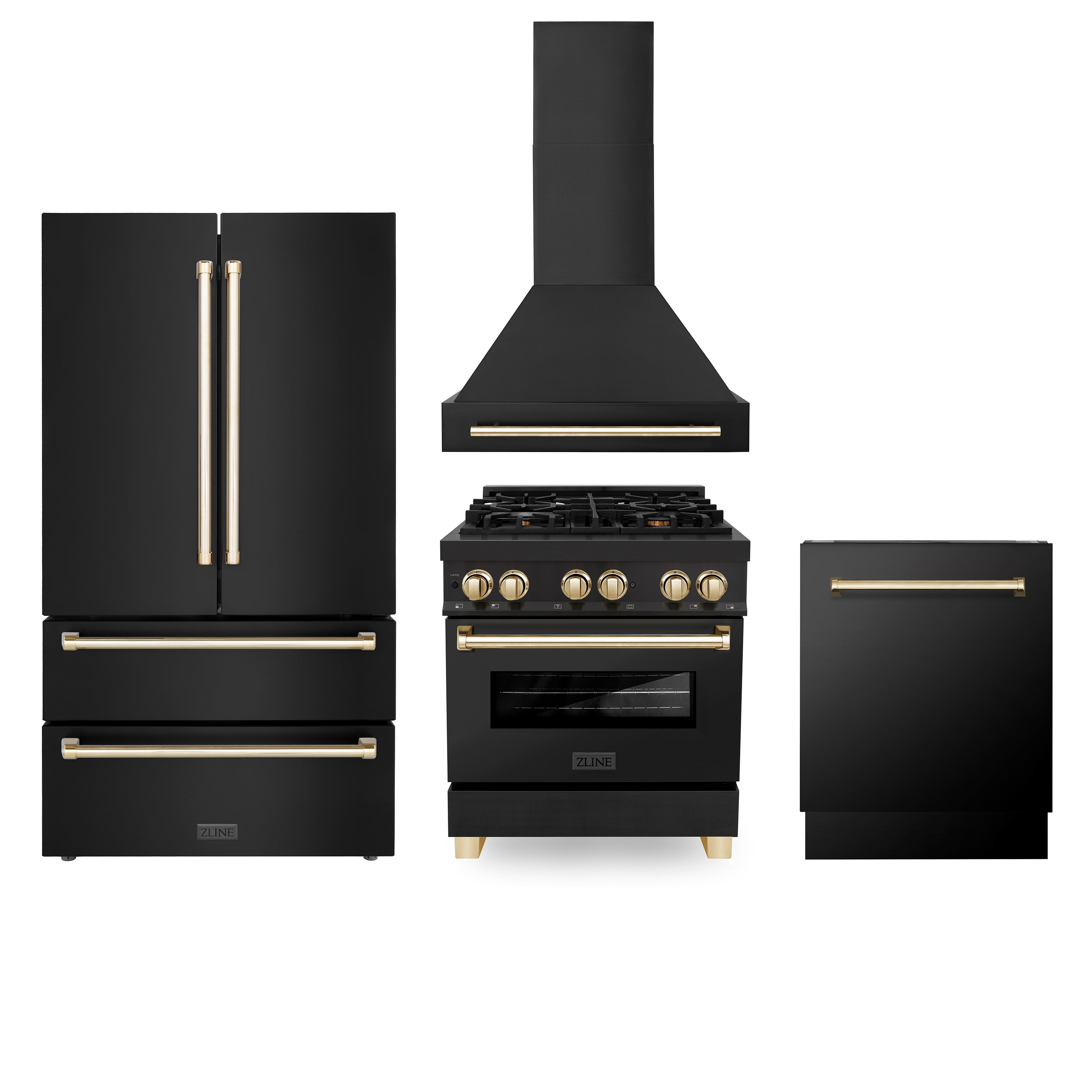 ZLINE 30" Autograph Edition Kitchen Package with Black Stainless Steel Dual Fuel Range, Range Hood, Dishwasher and Refrigeration with Gold Accents (4AKPR-RABRHDWV30-G)