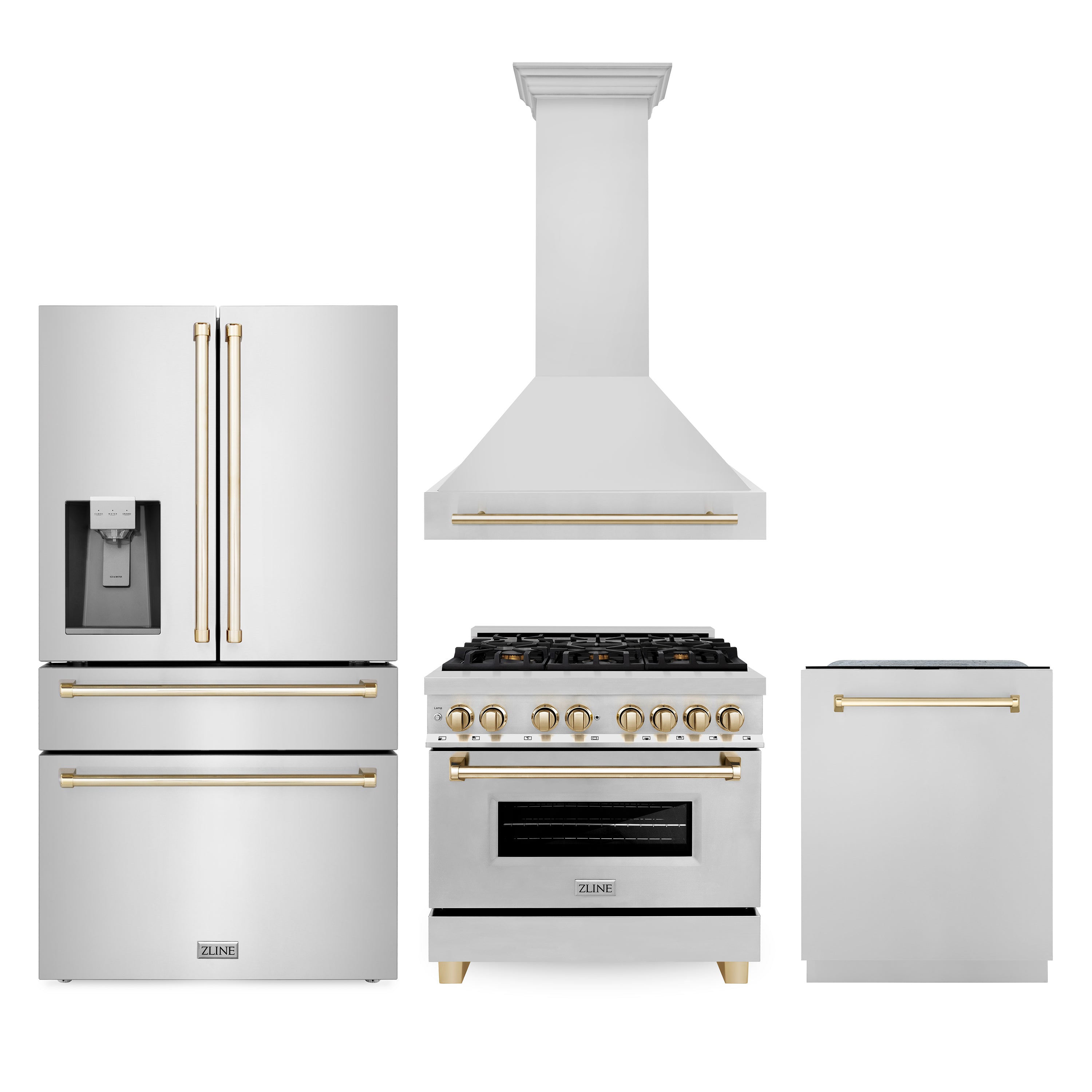 ZLINE 36" Autograph Edition Kitchen Package with Stainless Steel Dual Fuel Range, Range Hood, Dishwasher and Refrigeration with Gold Accents (4AKPR-RARHDWM36-G)