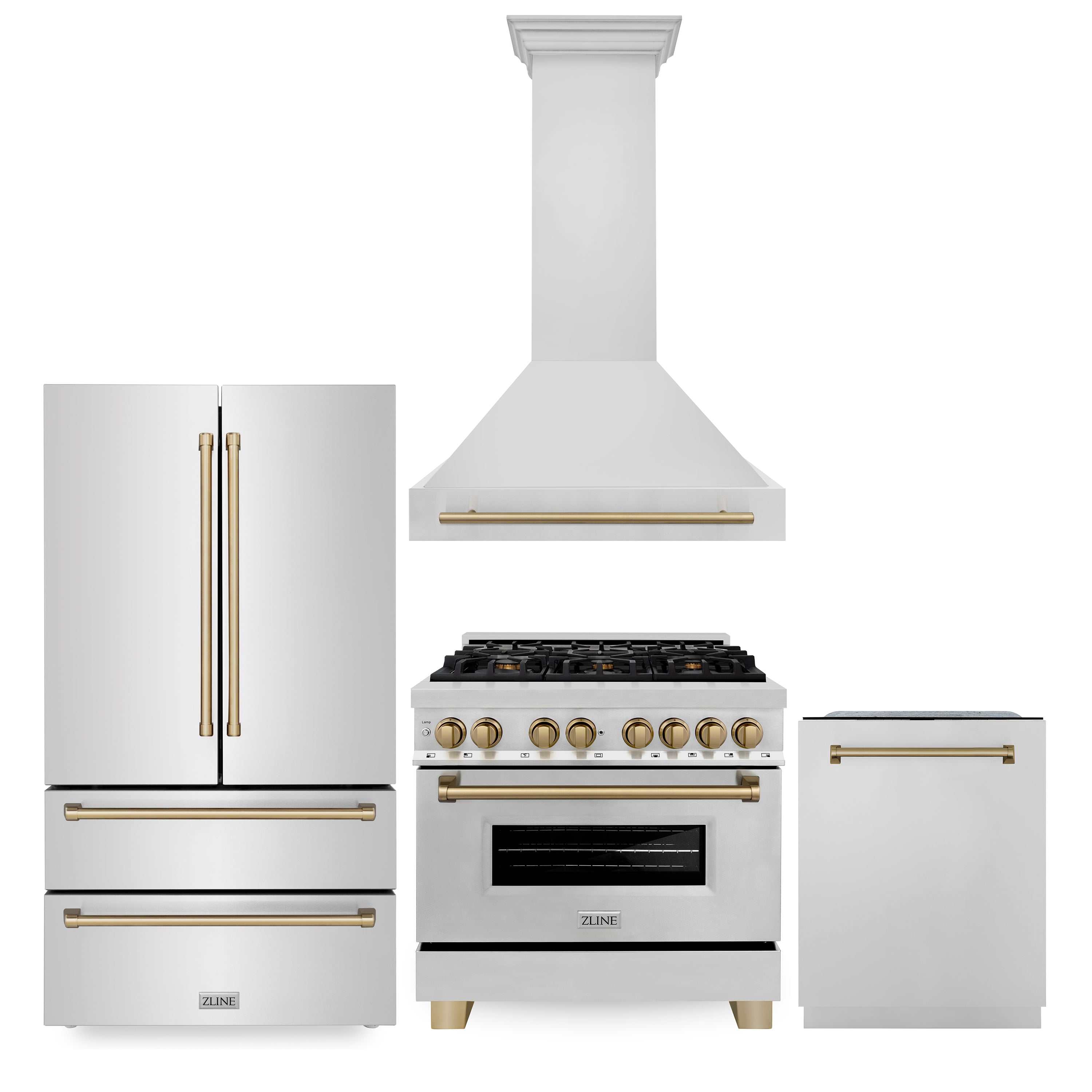 ZLINE 36" Autograph Edition Kitchen Package with Stainless Steel Dual Fuel Range, Range Hood, Dishwasher and Refrigeration with Champagne Bronze Accents (4KAPR-RARHDWM36-CB)