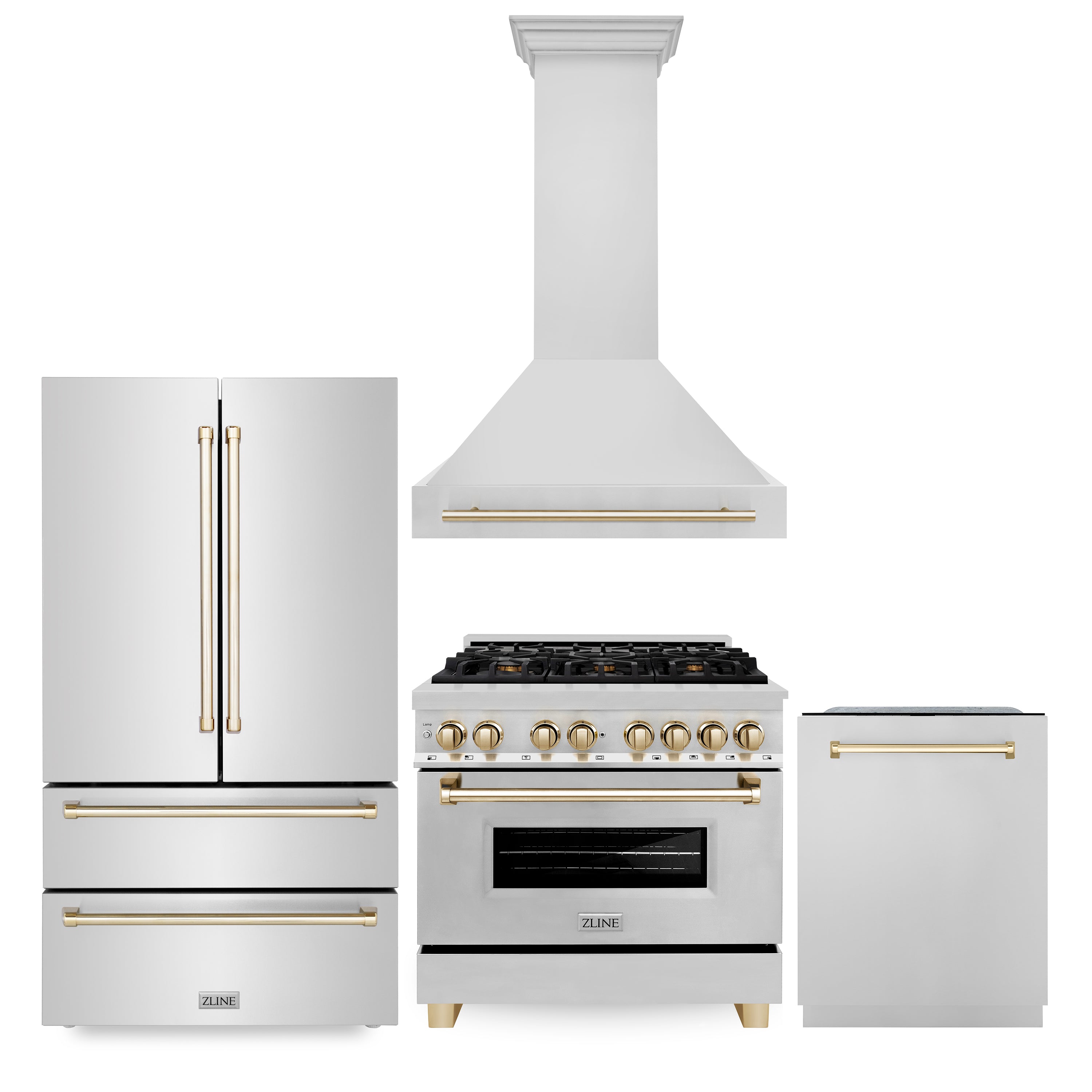 ZLINE 36" Autograph Edition Kitchen Package with Stainless Steel Dual Fuel Range, Range Hood, Dishwasher and Refrigeration with Gold Accents (4KAPR-RARHDWM36-G)