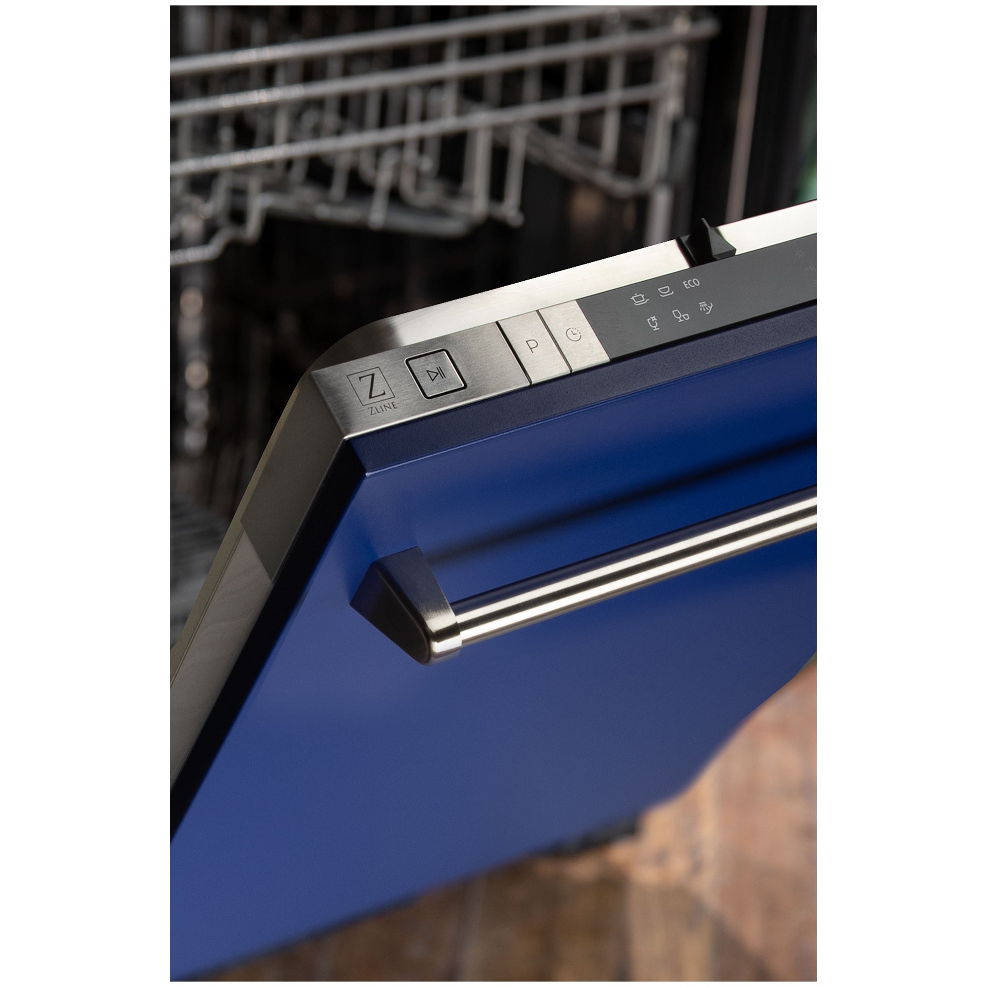 ZLINE 18 in. Compact Blue Matte Top Control Built-In Dishwasher with Stainless Steel Tub and Traditional Style Handle, 52dBa