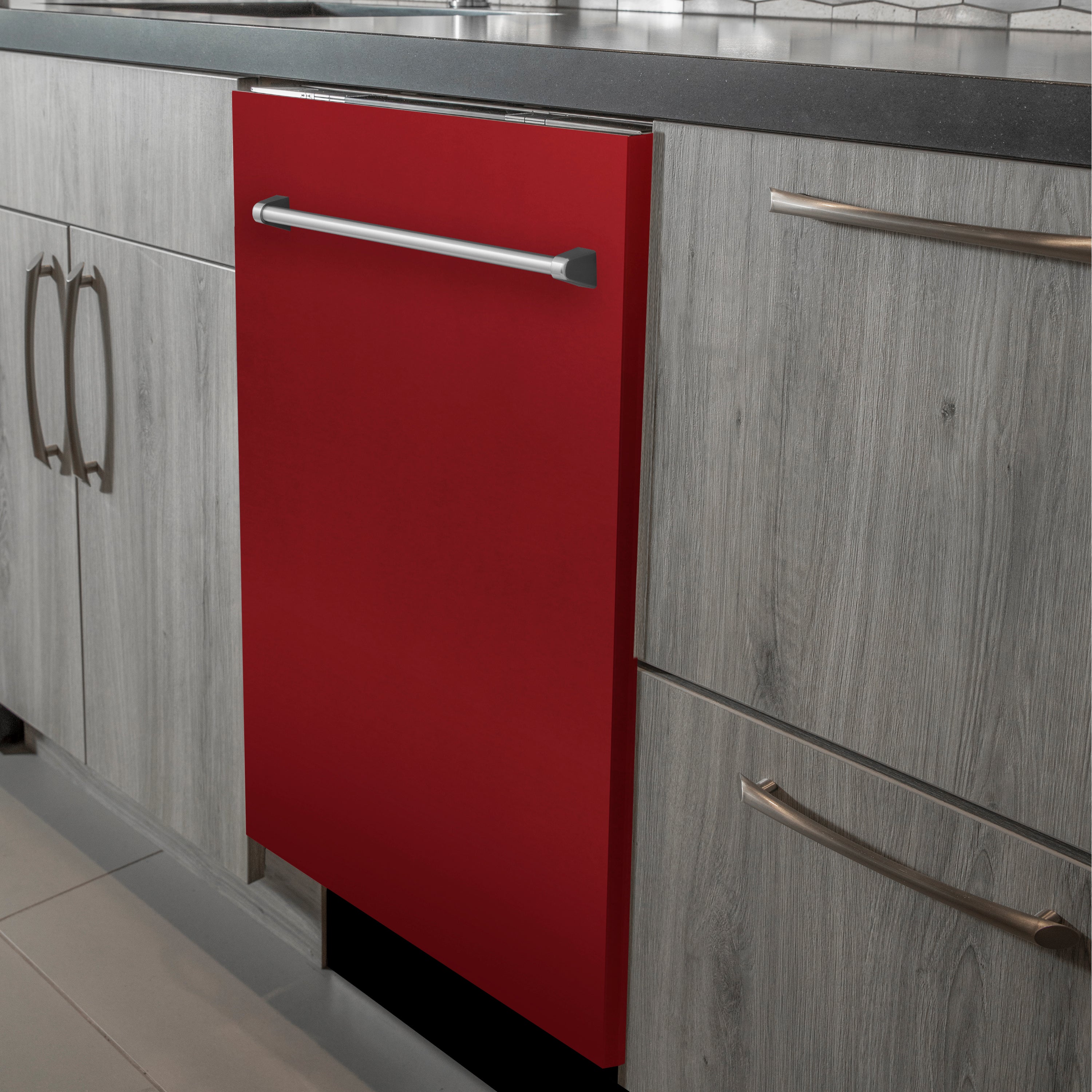ZLINE 24 in. Red Gloss Top Control Built-In Dishwasher with Stainless Steel Tub and Traditional Style Handle, 52dBa