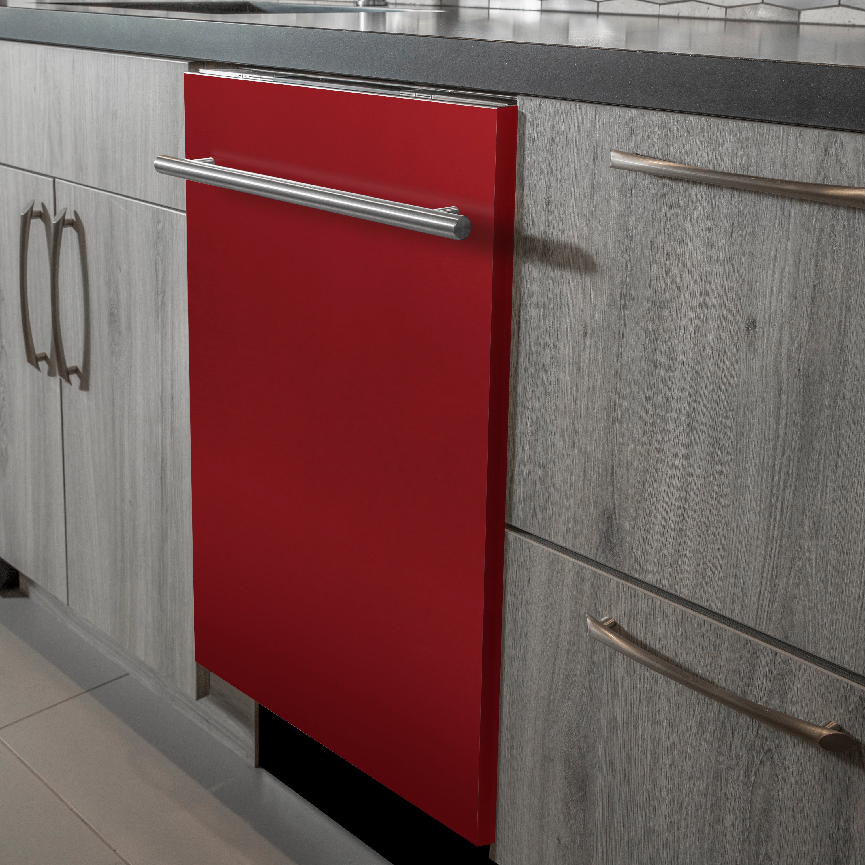 ZLINE 24 in. Red Gloss Top Control Dishwasher with Stainless Steel Tub and Modern Style Handle, 52dBa (DW-RG-H-24)