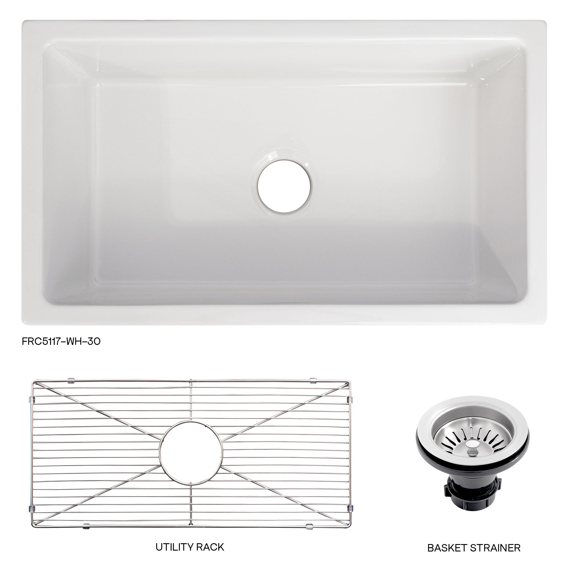 ZLINE 30" Turin Farmhouse Apron Front Reversible Single Bowl Fireclay Kitchen Sink with Bottom Grid in White Gloss (FRC5117-WH-30)