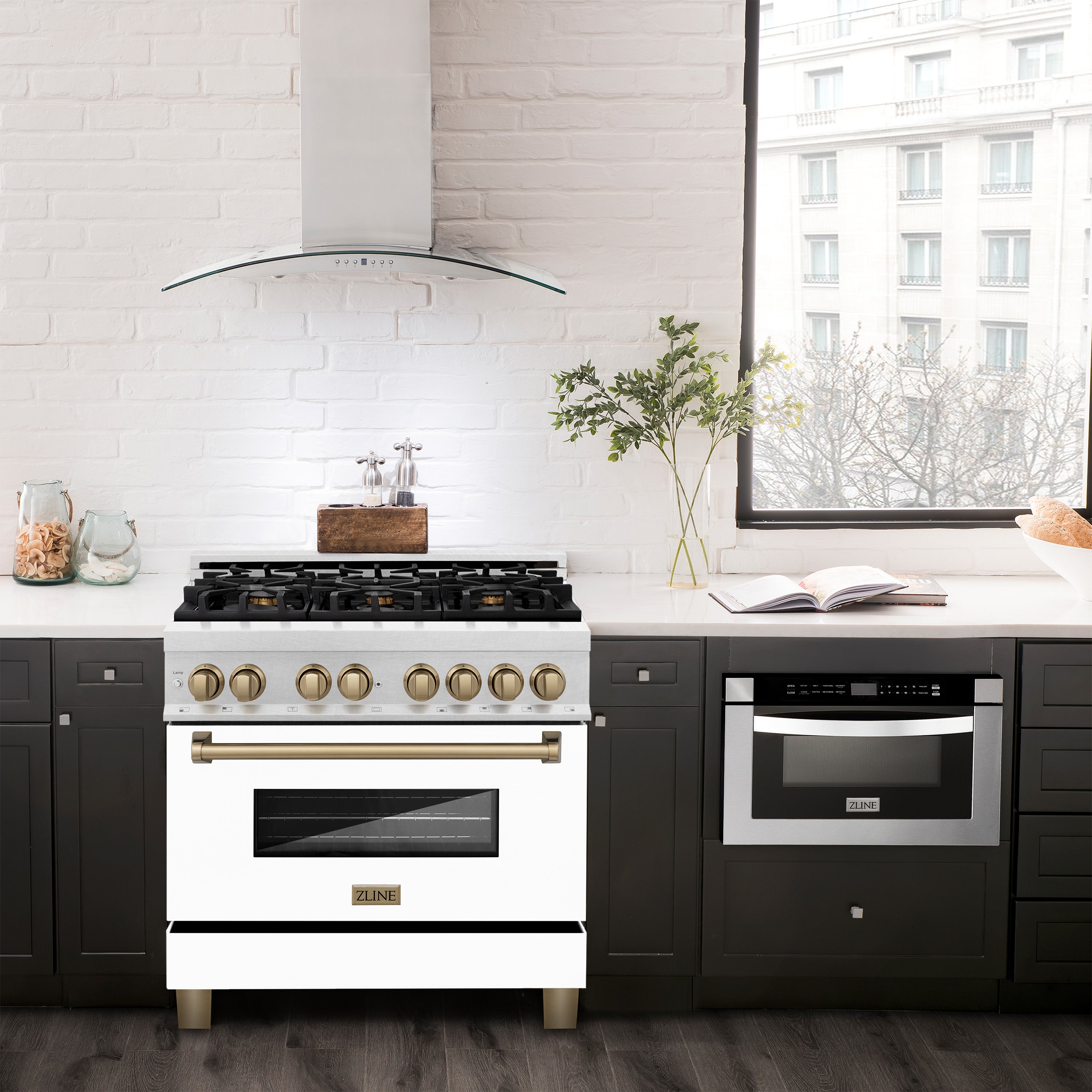 ZLINE Autograph Edition 36" 4.6 cu. ft. Dual Fuel Range with Gas Stove and Electric Oven in DuraSnow® Stainless Steel with White Matte Door and Champagne Bronze Accents (RASZ-WM-36-CB)