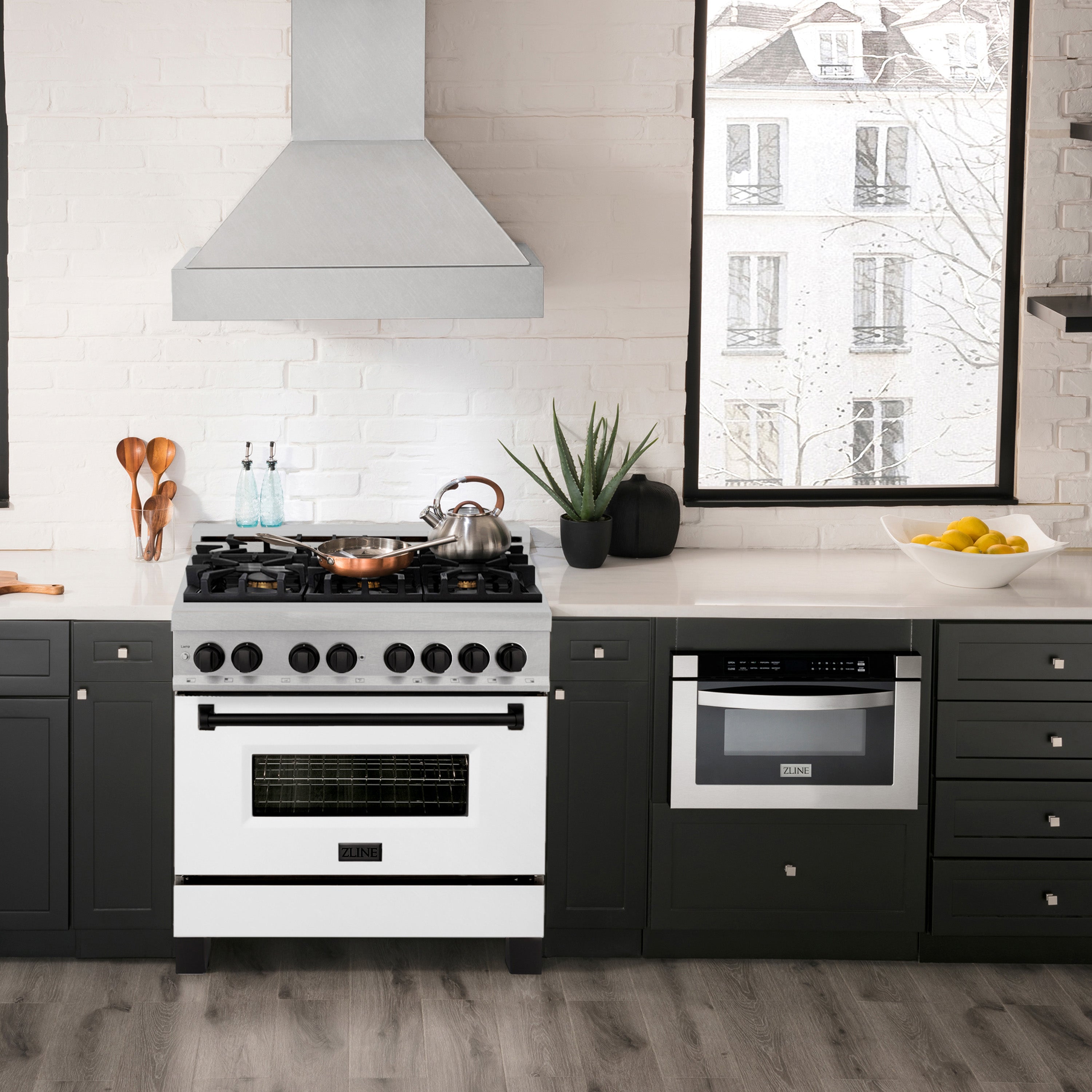 ZLINE Autograph Edition 36" 4.6 cu. ft. Dual Fuel Range with Gas Stove and Electric Oven in DuraSnowð Stainless Steel with White Matte Door and Matte Black Accents (RASZ-WM-36-MB)