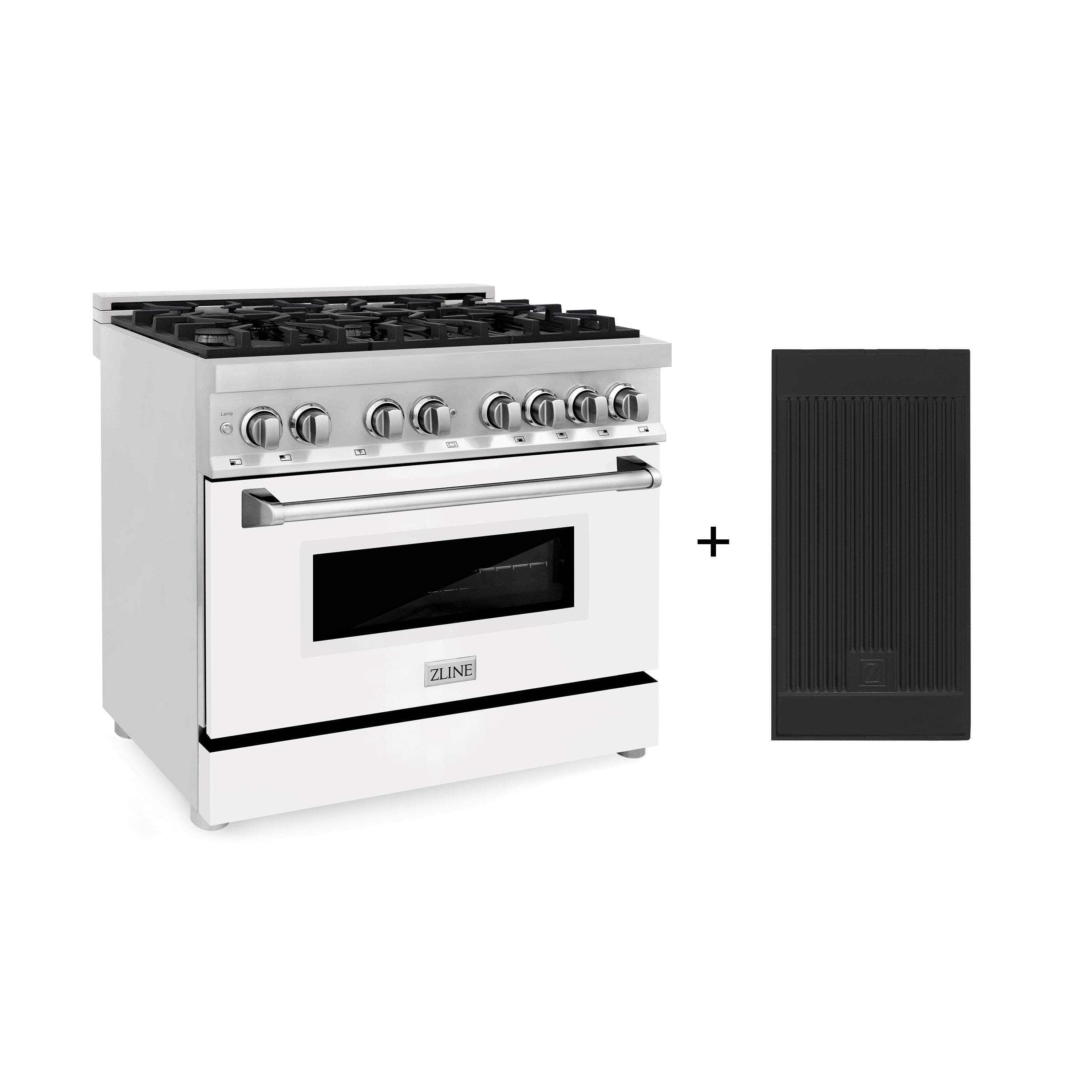 ZLINE 36" 4.6 cu. ft. Electric Oven and Gas Cooktop Dual Fuel Range with Griddle and White Matte Door in Stainless Steel (RA-WM-GR-36)