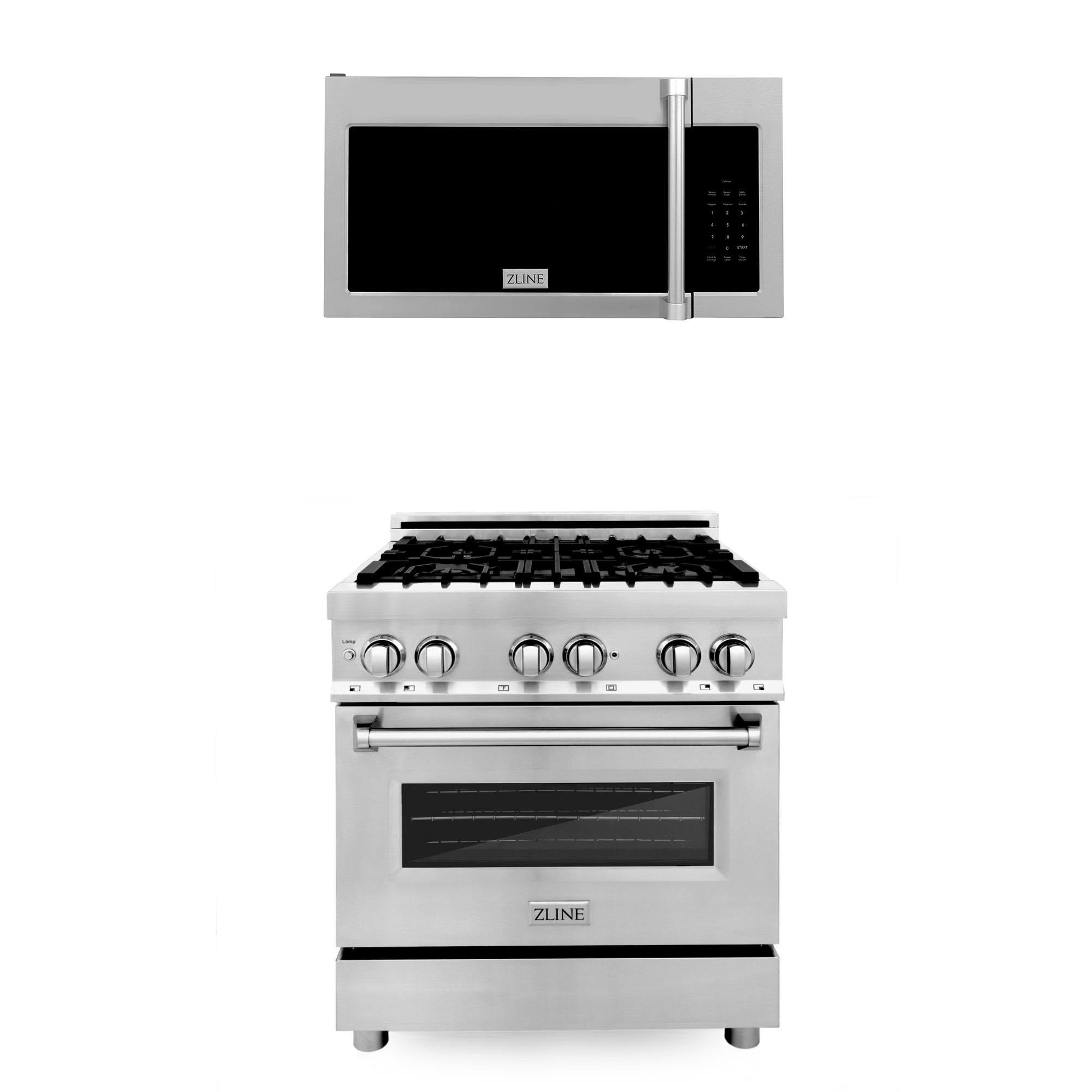 ZLINE 30" Kitchen Package Stainless Steel Dual Fuel Range and Over The Range Microwave with Traditional Handle (2KP-RAOTRH30)