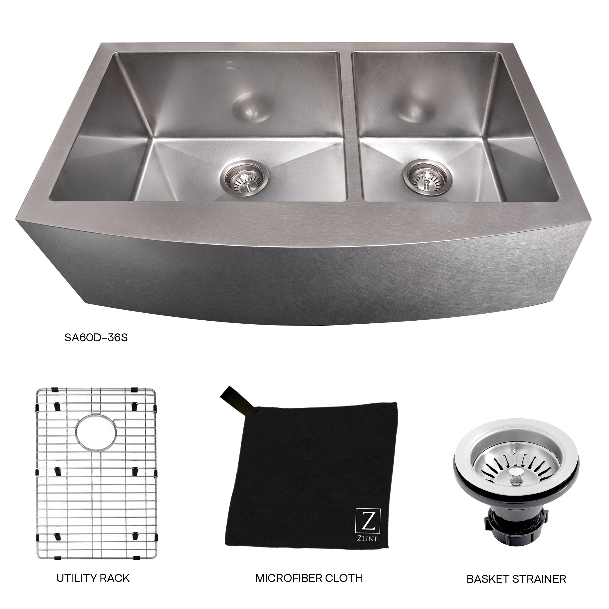ZLINE 36" Courchevel Farmhouse Apron Mount Double Bowl Scratch Resistant Stainless Steel Kitchen Sink with Bottom Grid (SA60D-36S)
