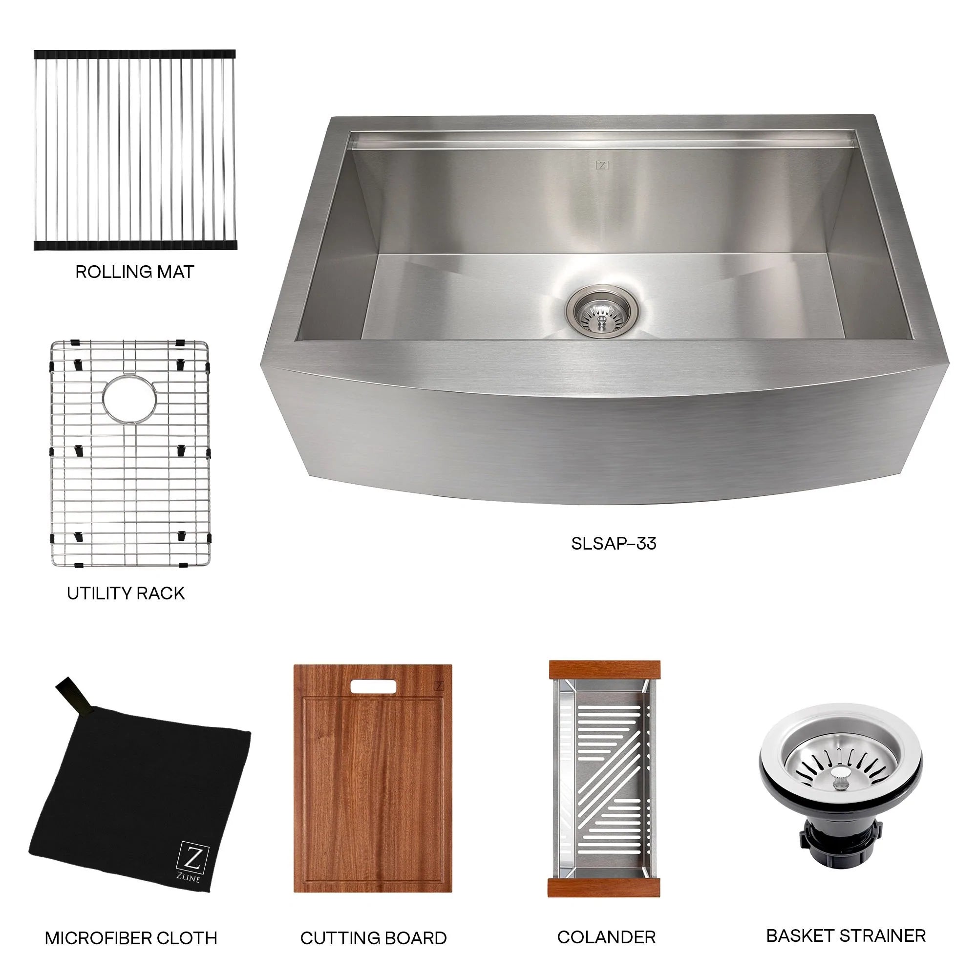 ZLINE 33" Moritz Farmhouse Apron Mount Single Bowl Scratch Resistant Stainless Steel Kitchen Sink with Bottom Grid and Accessories (SLSAP-33S)