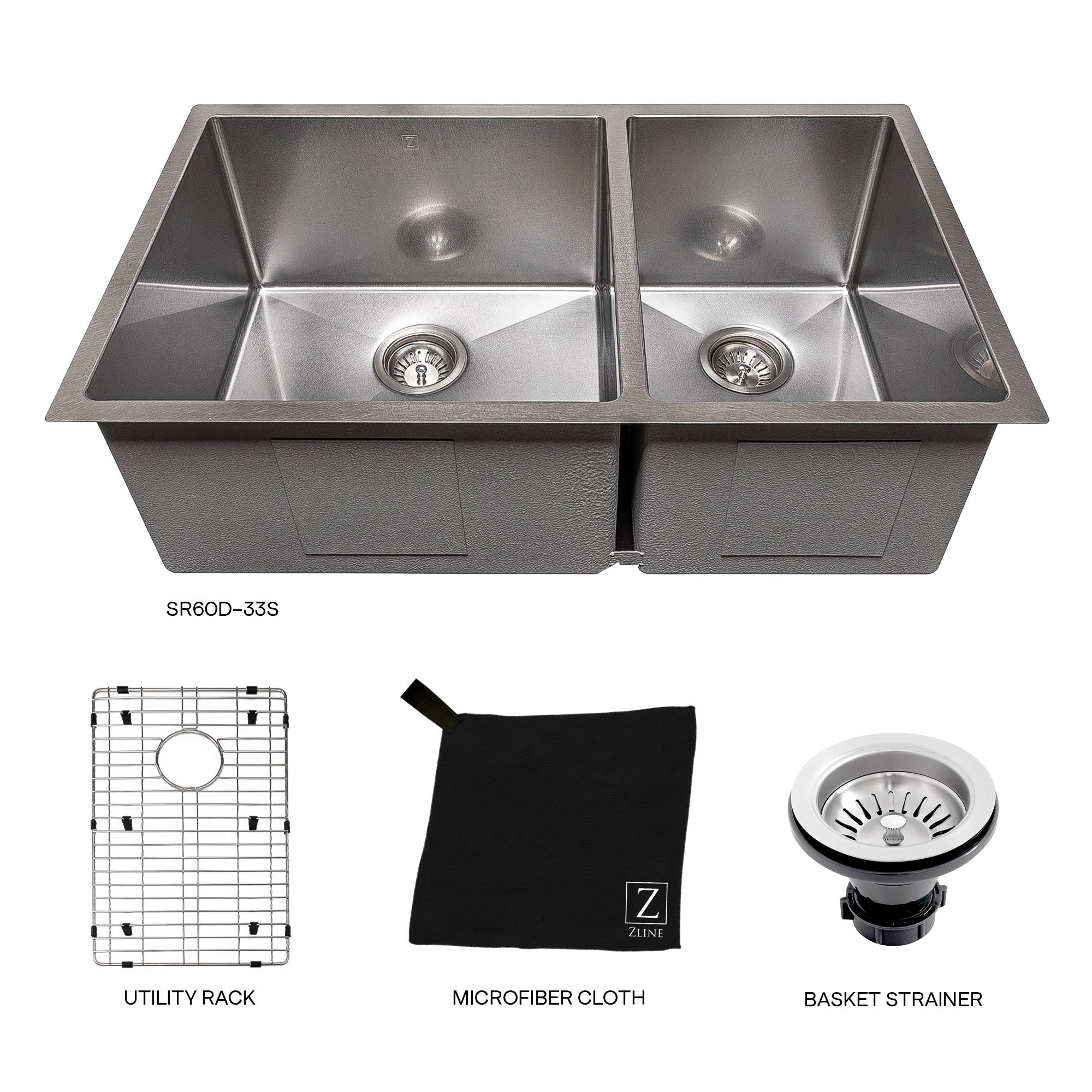 ZLINE 33" Chamonix Undermount Double Bowl Scratch Resistant Stainless Steel Kitchen Sink with Bottom Grid (SR60D-33S)