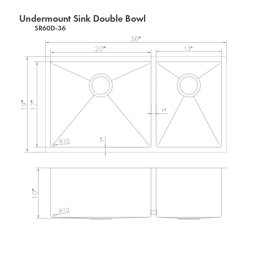 ZLINE 36" Chamonix Undermount Double Bowl Stainless Steel Kitchen Sink with Bottom Grid (SR60D-36)